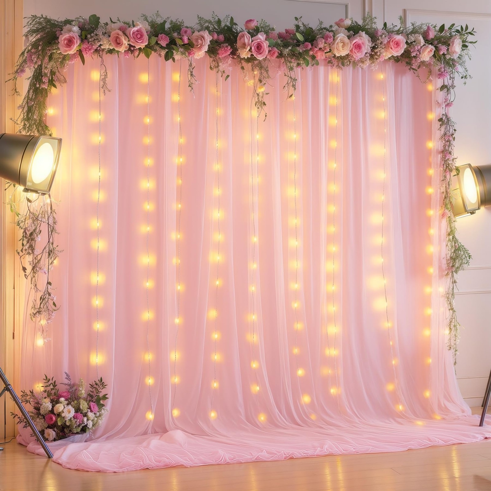 10x10FT Pink Wrinkle Free Backdrop Curtains Lights String Wedding Photo Prop