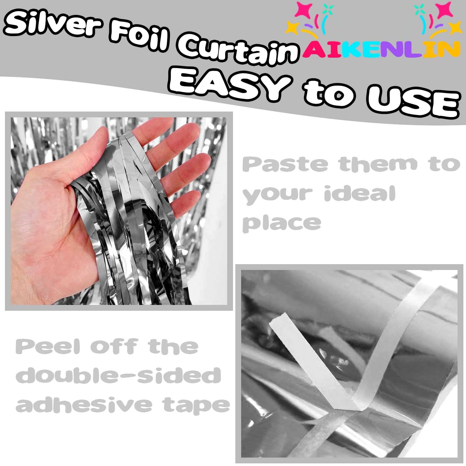 4 PCS 3.2×9.8ft Silver Foil Fringe Curtain Backdrop Metallic Tinsel Streamer