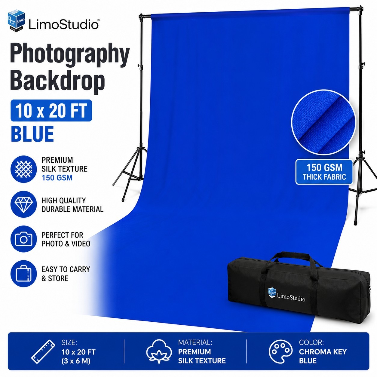 LimoStudio 10×20 FT Blue Photography Backdrop 150 GSM Fabric Photo Studio New