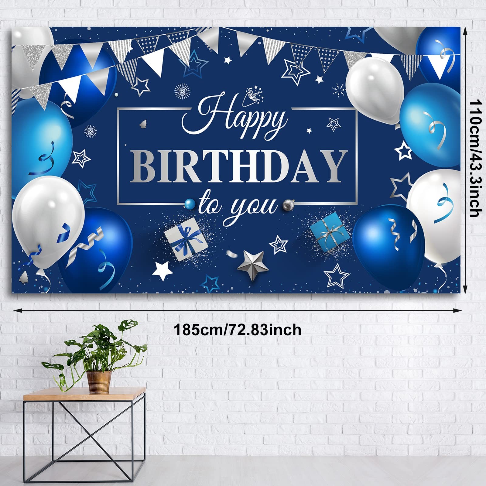 Sumind Happy Birthday Backdrop Banner for Men, Blue 7′ x 4′, Blue,Silver