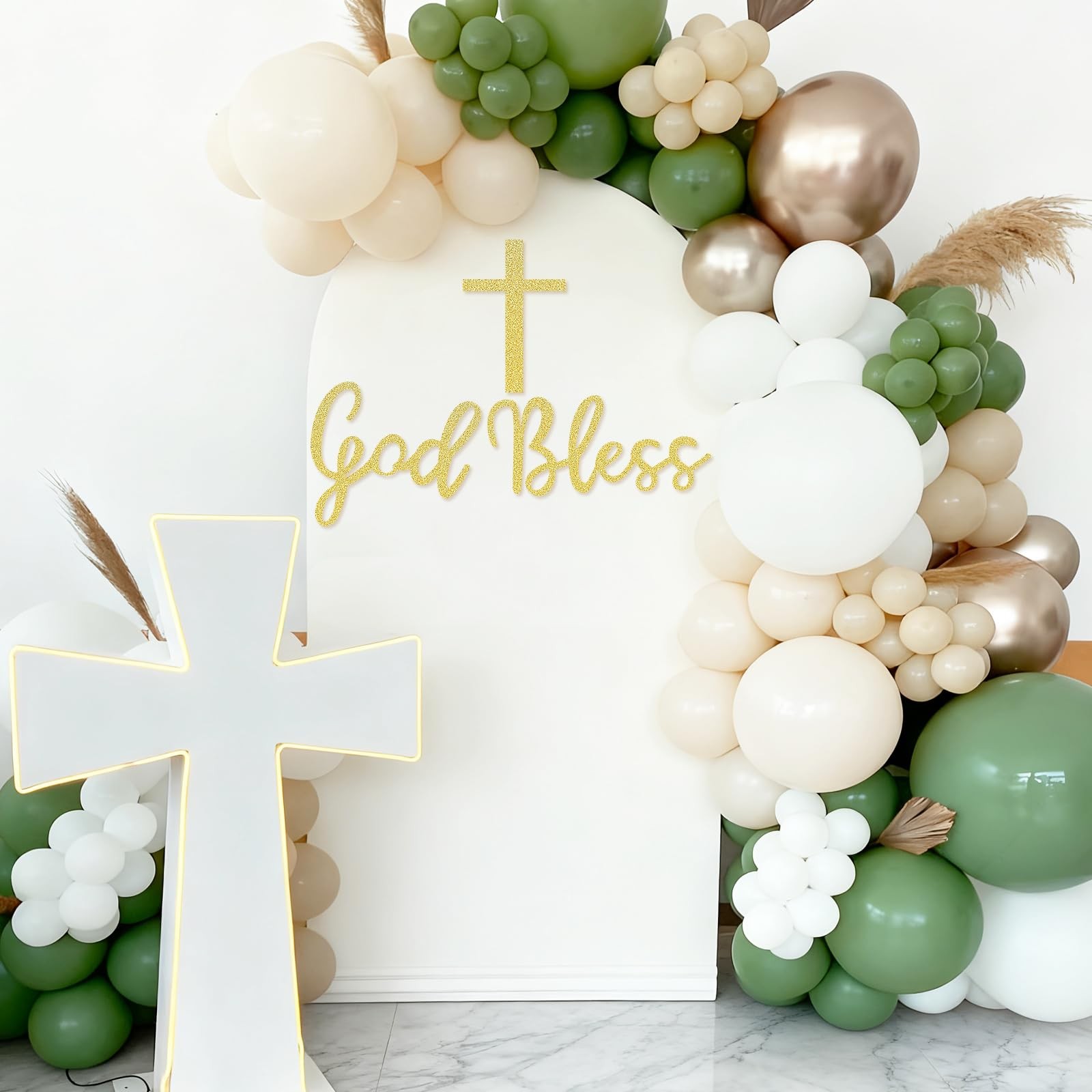 God Bless Cross Sign Backdrop Glitter Gold Felt Baptism Party First Communion