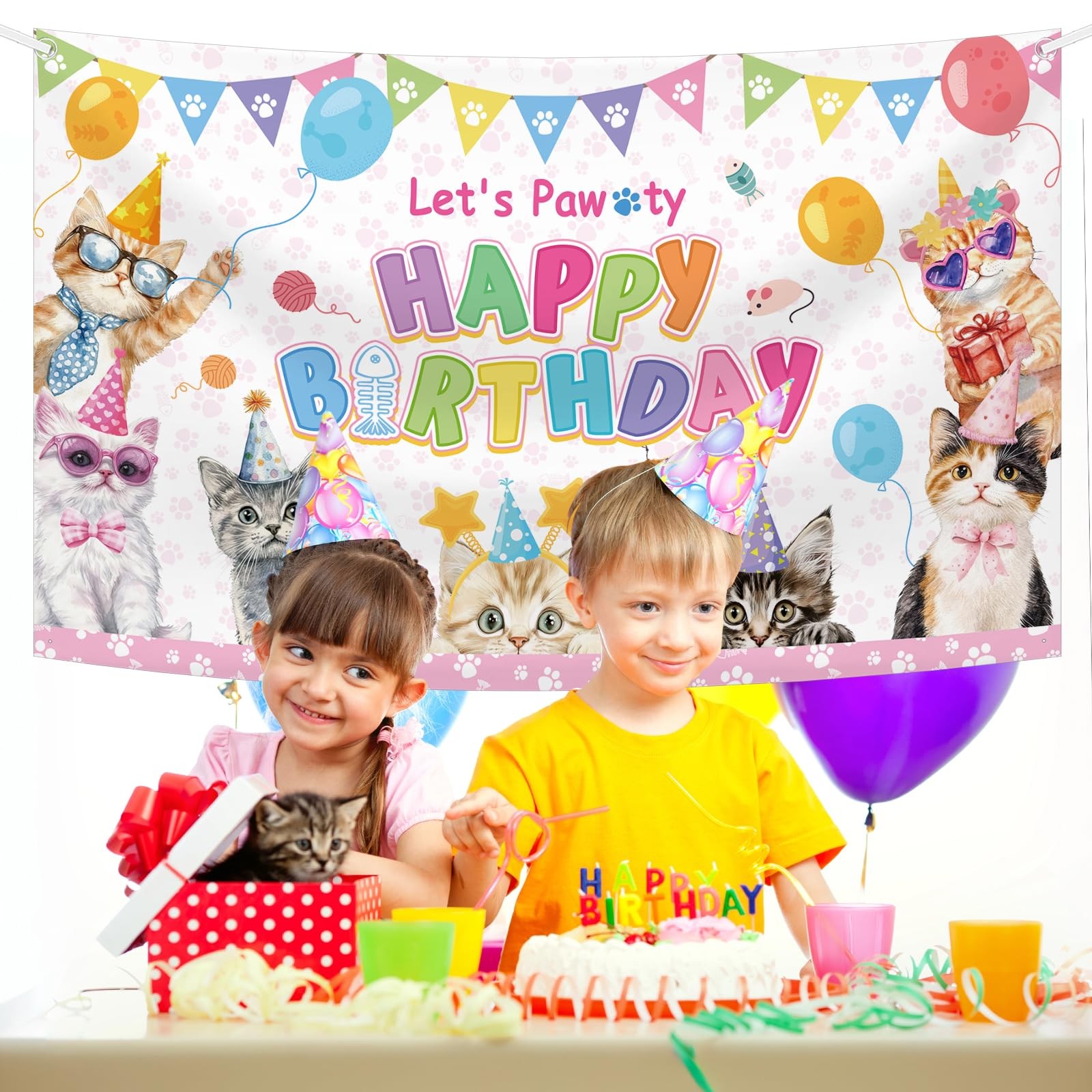 Cat Birthday Decorations Pink Cute Cat Birthday Party Banner Let’s Pawty Cats…