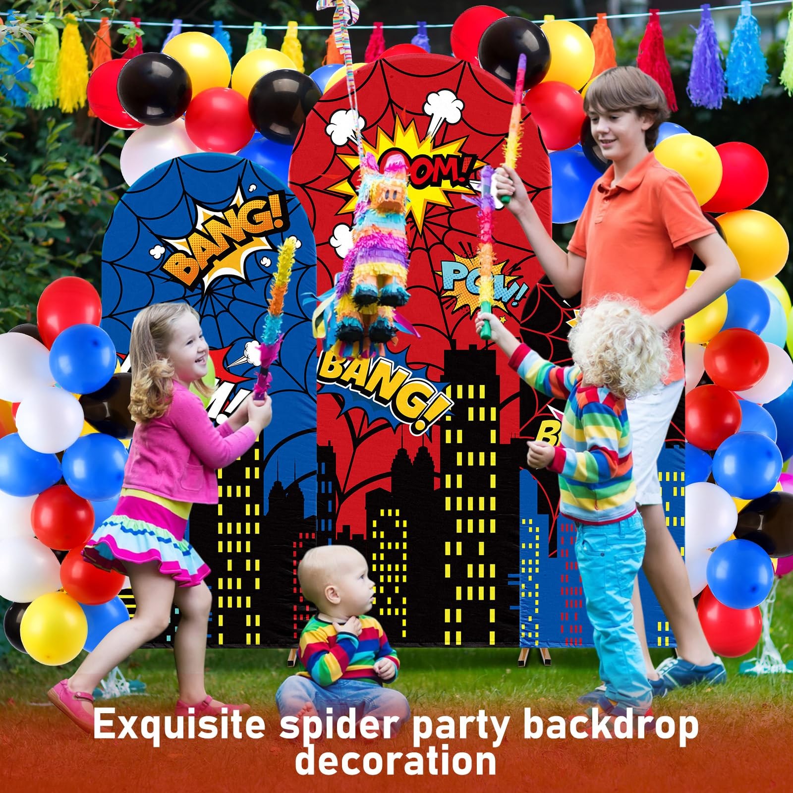 3 Pcs Spider Web Arch Backdrop Cover with Balloons Spider Birthday Party Deco…