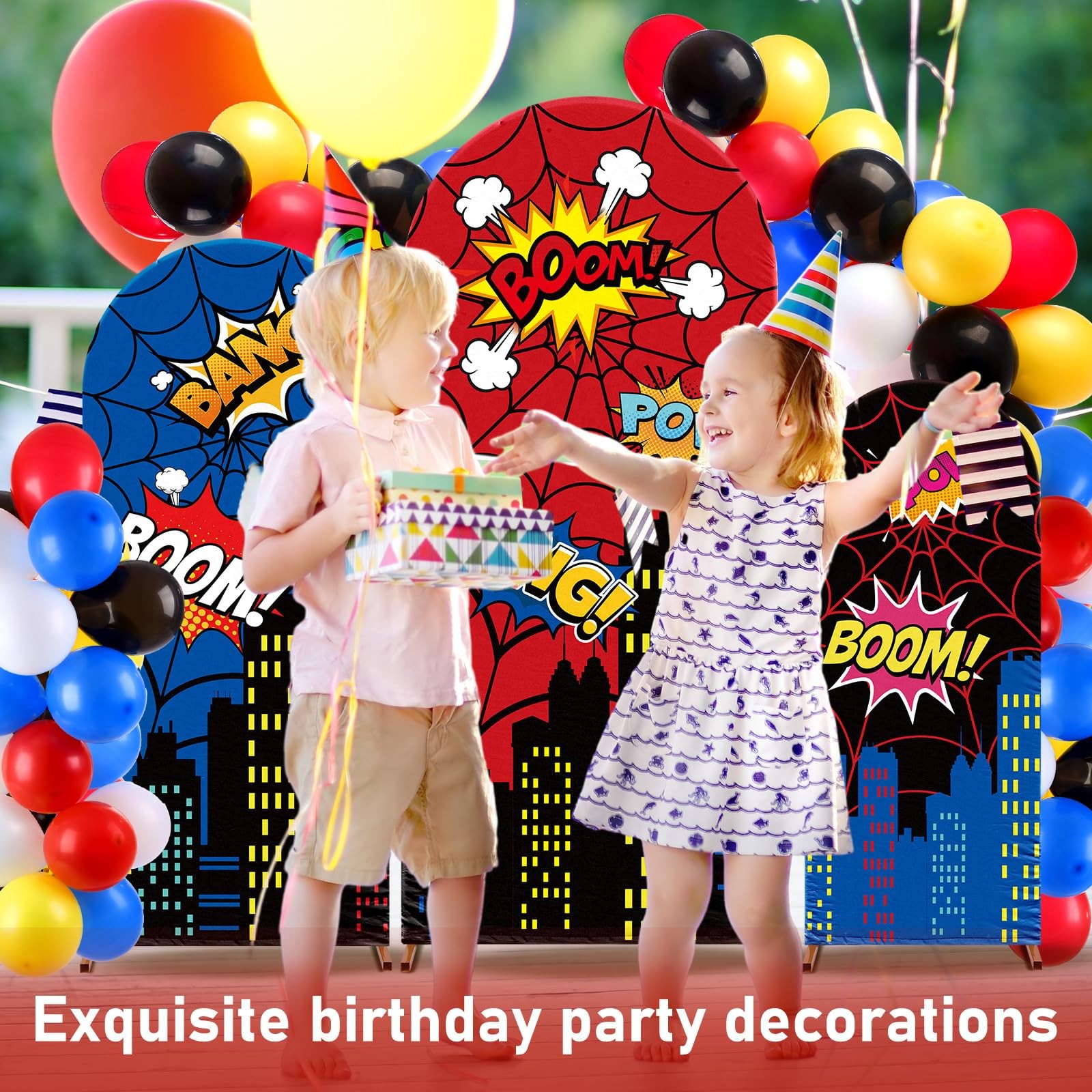 3 Pcs Spider Web Arch Backdrop Cover with Balloons Spider Birthday Party Deco…