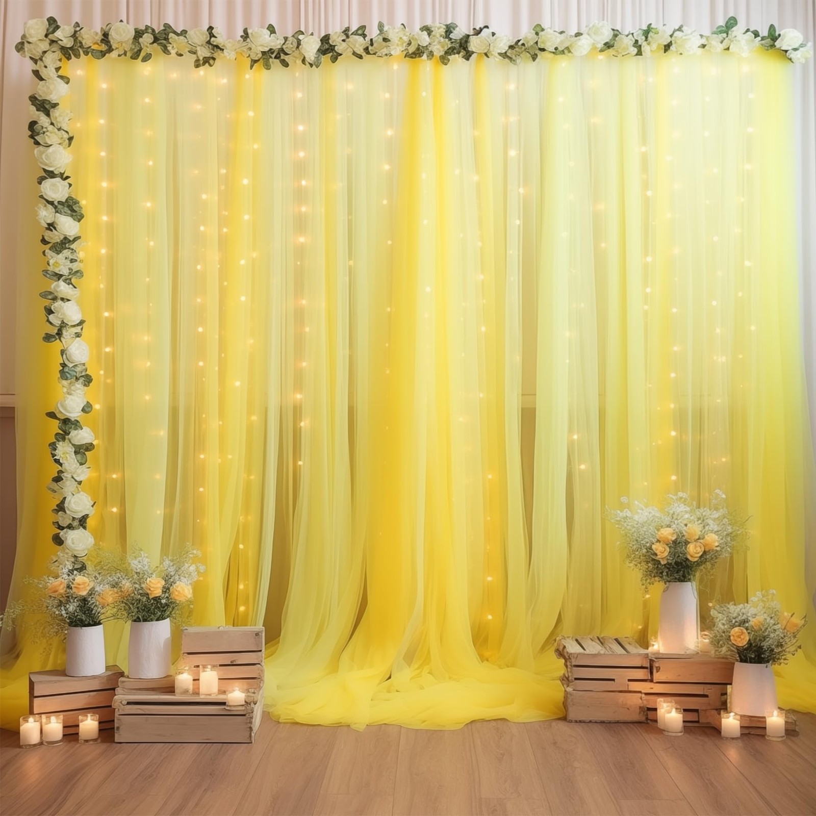 10×10ft Yellow Tulle Backdrop Curtain with Lights String for Parties Sheer Cu…