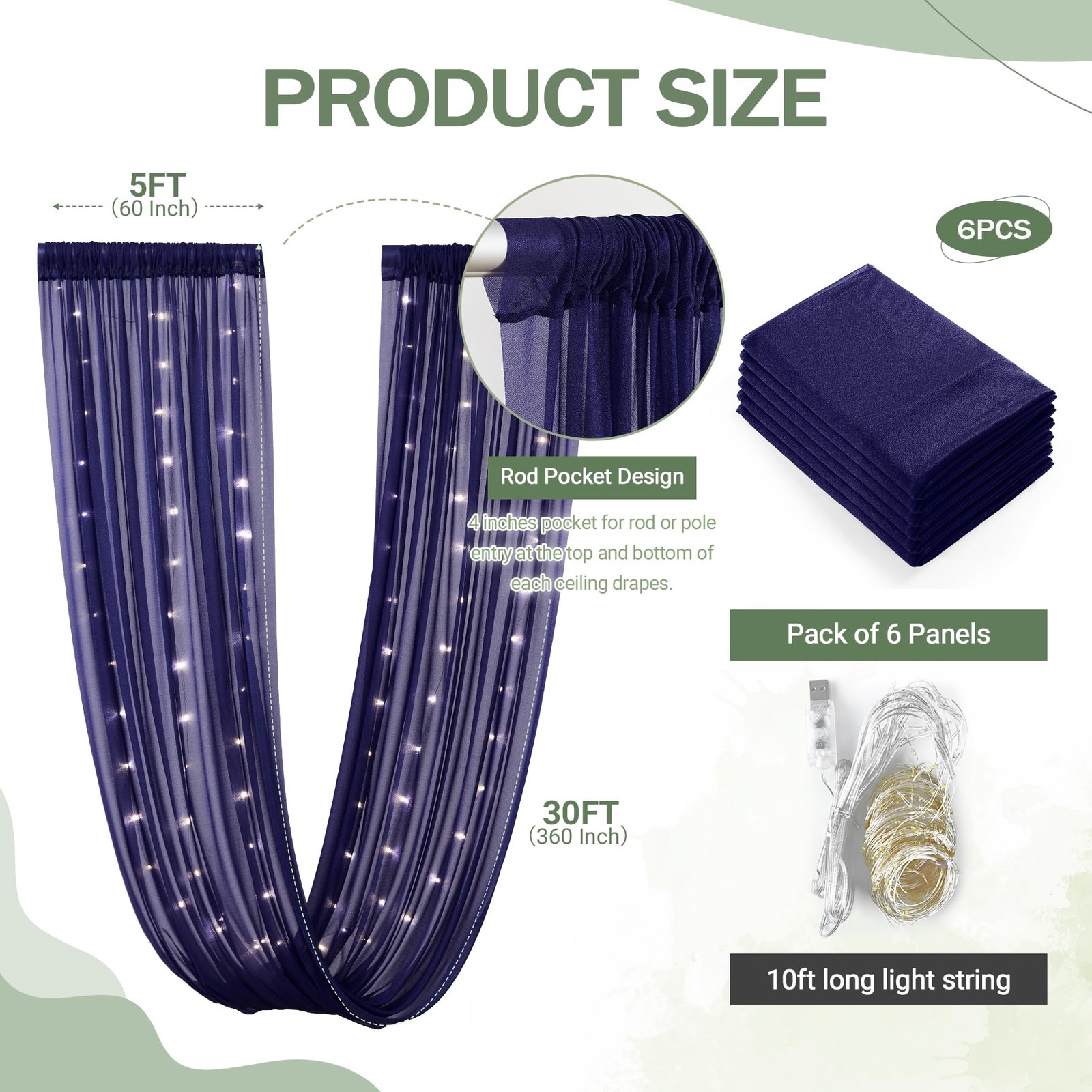 6 Panels Navy Blue Ceiling Drapes with Lights for Weddings Ceiling Drapes 5ft…