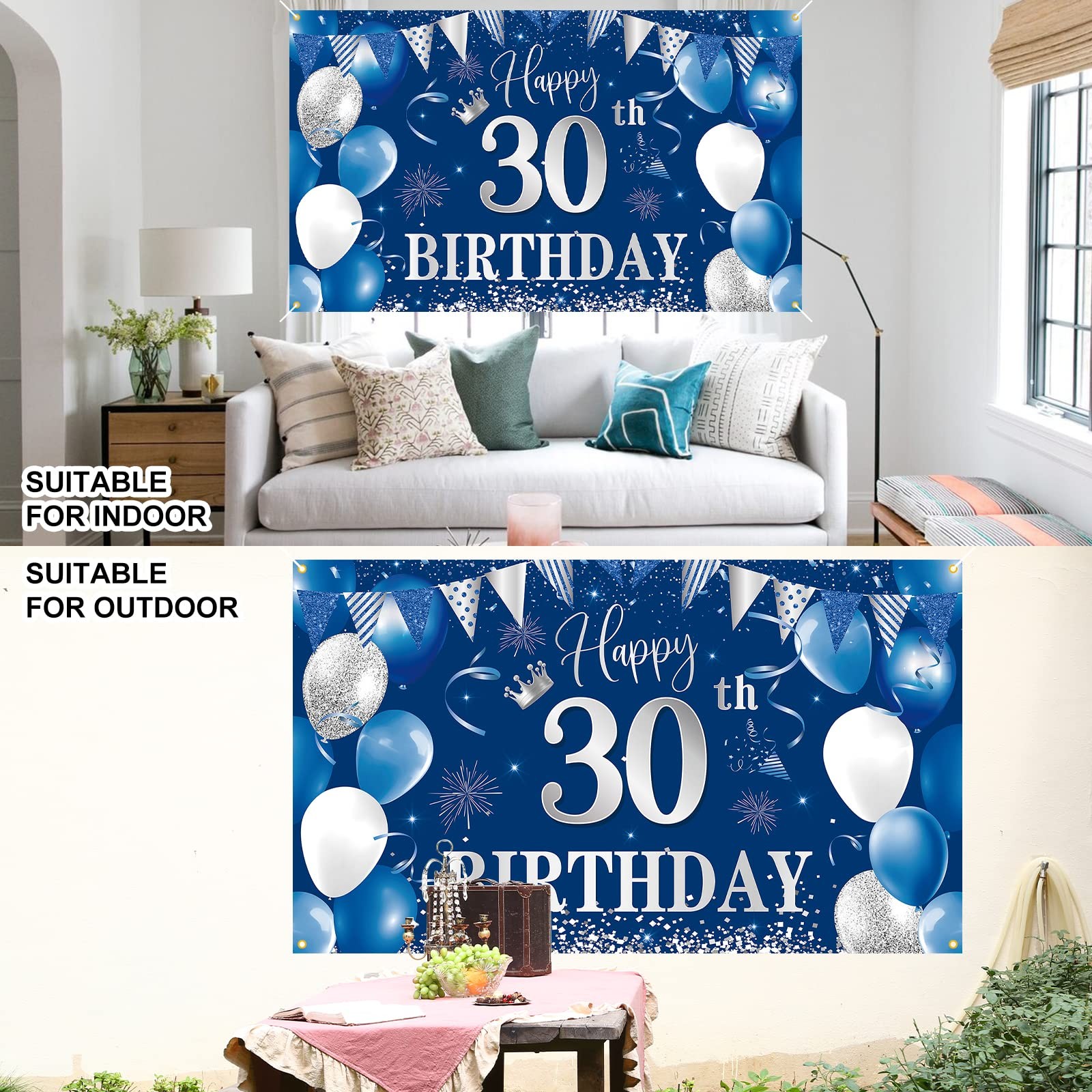 60th Birthday Banner Backdrop,BTZO Happy One Size, Blue Silver 60