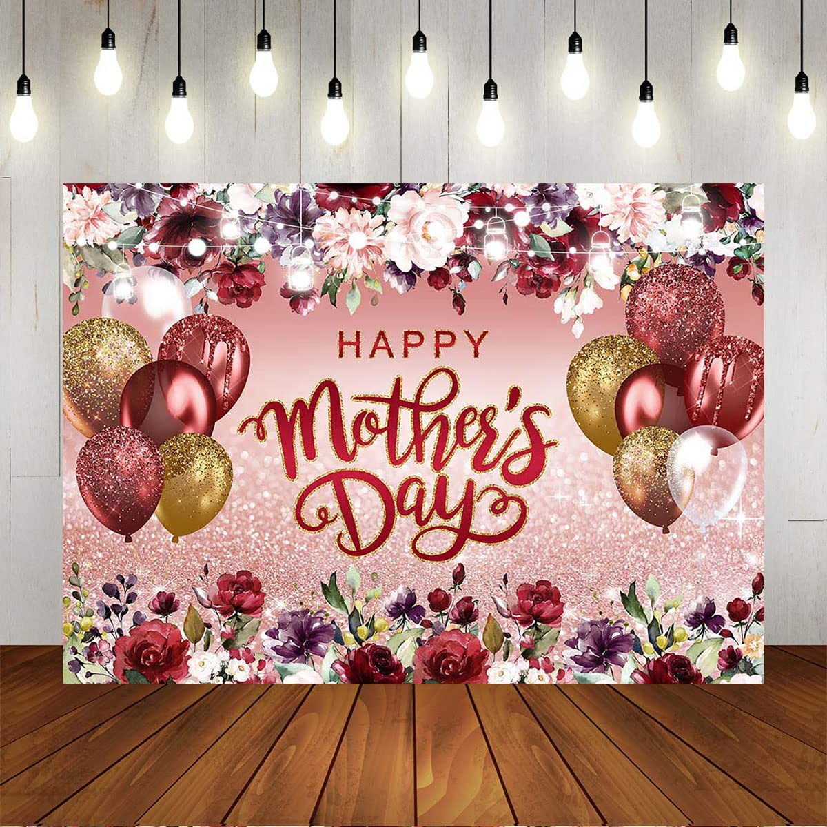 Happy Mother’s Day Backdrop Burgundy Flowers Rose Gold Glitter Photo Backgrou…