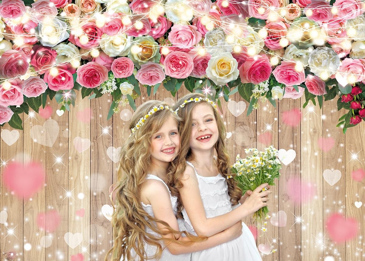 Romantic Pink Rose Flower Backdrop 7x5FT Floral Hearts Wooden Wall Background fo
