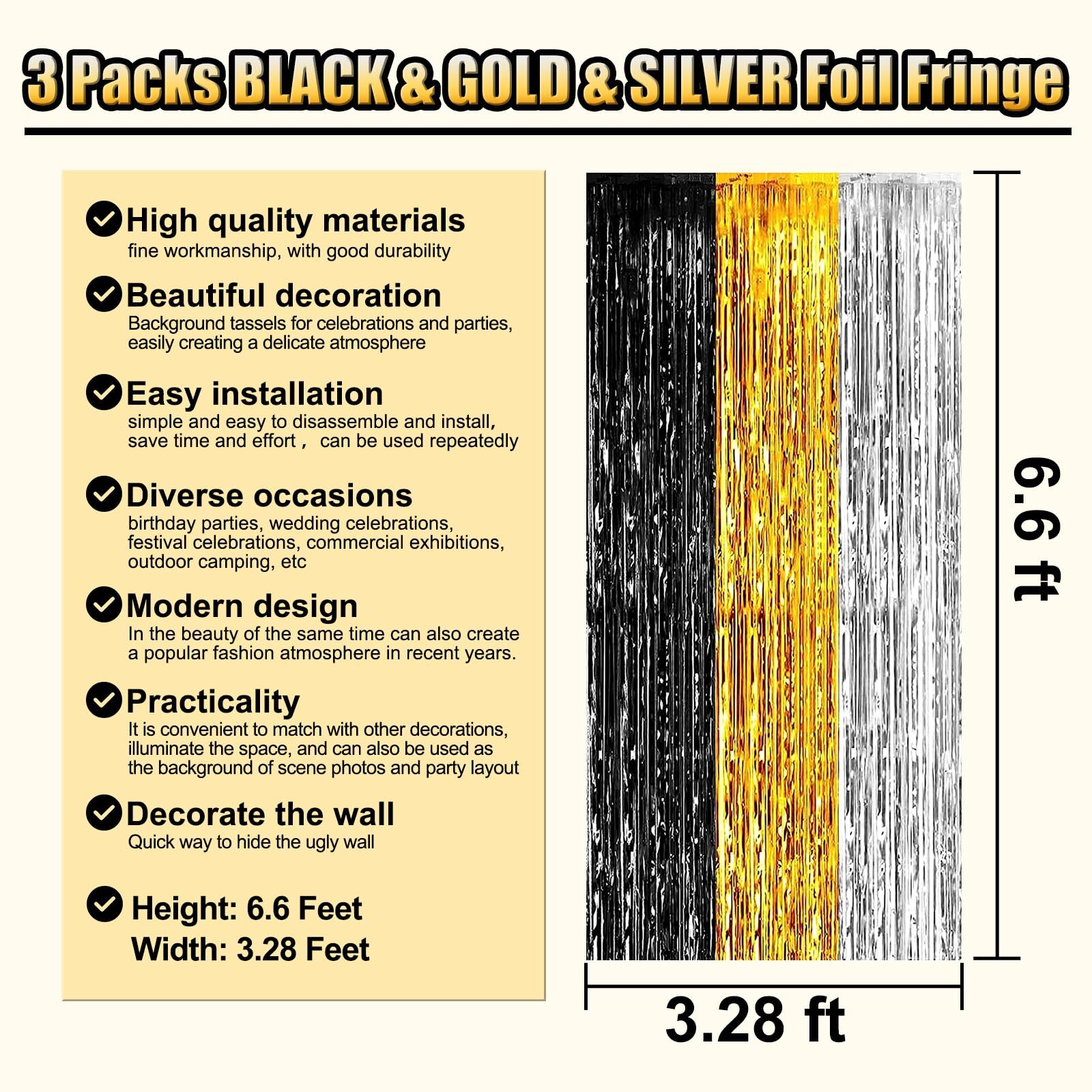 3 Pack Black Gold Silver Foil Fringe Curtains 3.28×6.6Ft Party Photo Decor