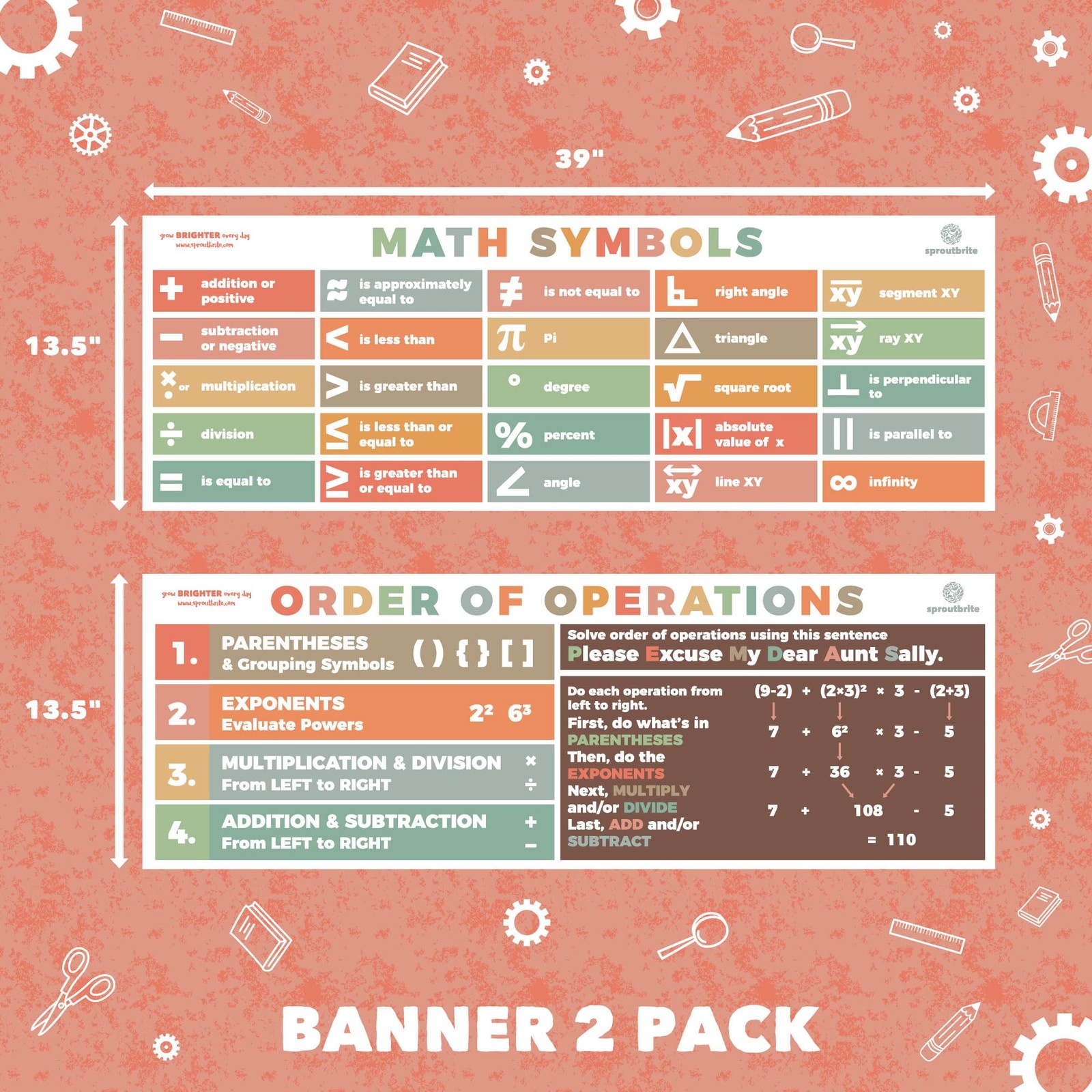 39″x13.5″ Math Posters PEMDAS Neutral Boho/Bright MultiColors Order of Operat…