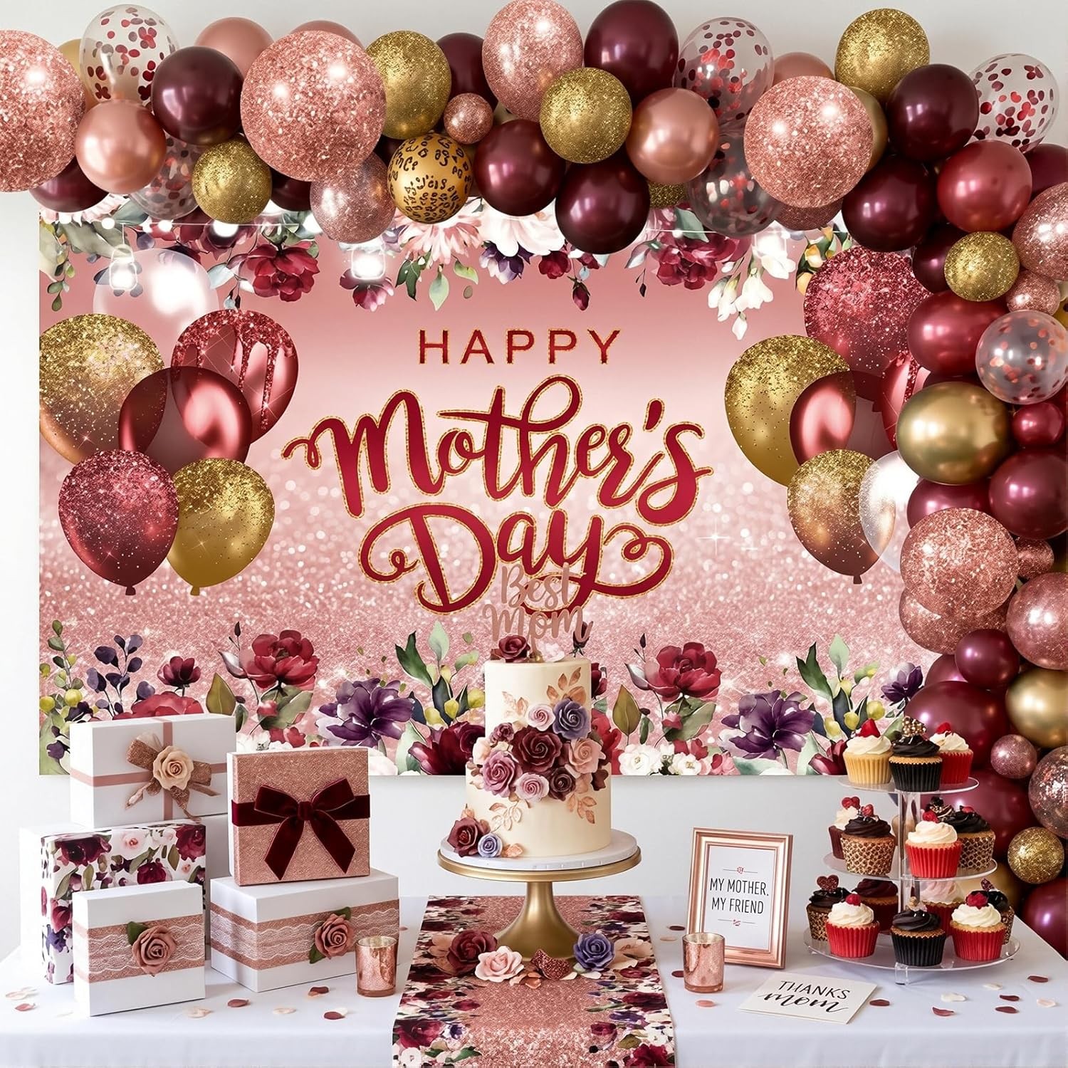 Happy Mother’s Day Backdrop Burgundy Flowers Rose Gold Glitter Photo Background