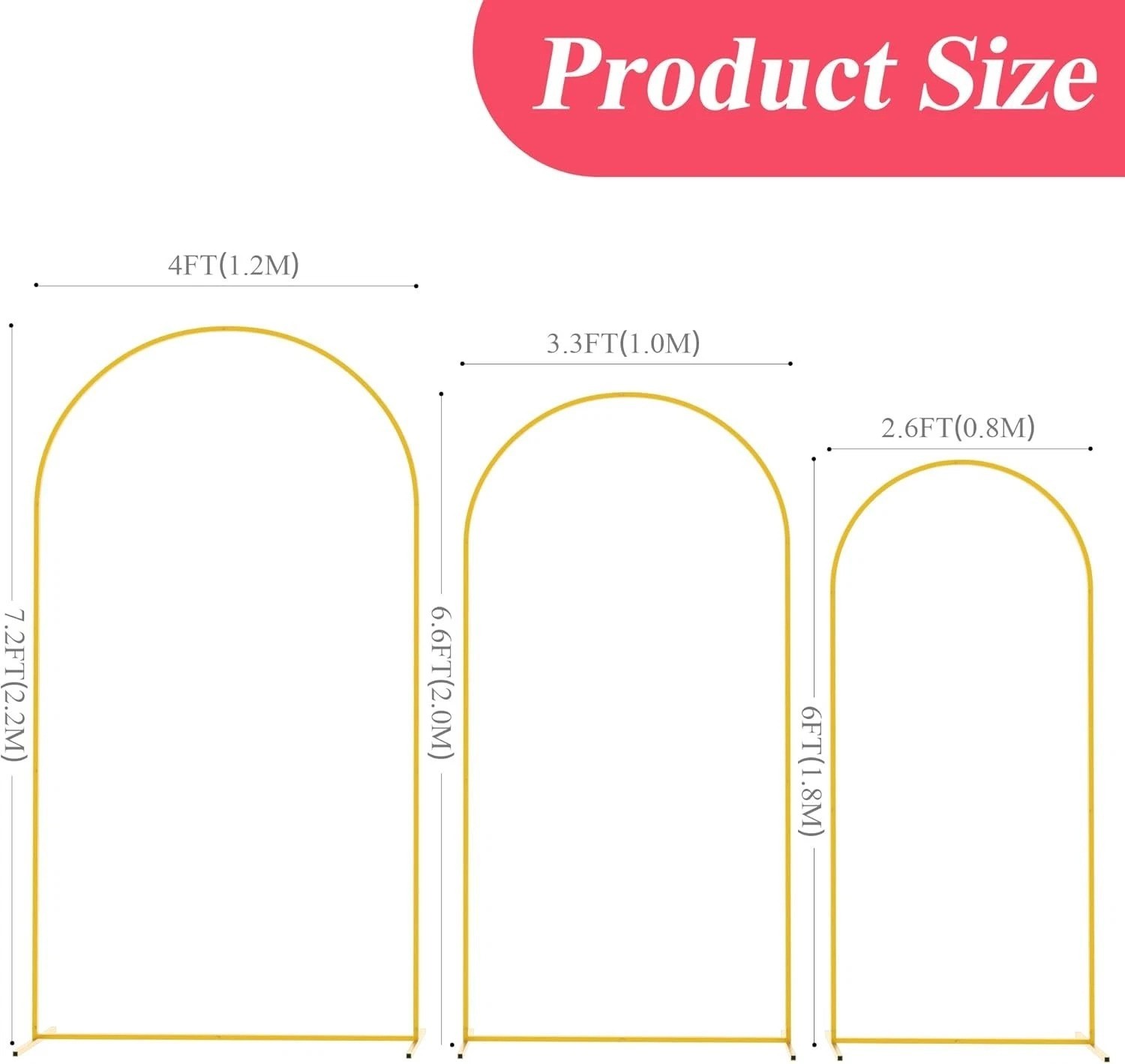 Metal Arch Backdrop Stand Set of 3 7.2FT, 6.6FT, 6FT Gold Arched Frame for We…