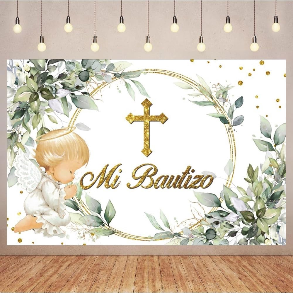 Mi Bautizo Backdrop First Holy Communion God Bless Eucalyptus Prop 7×5 Ft