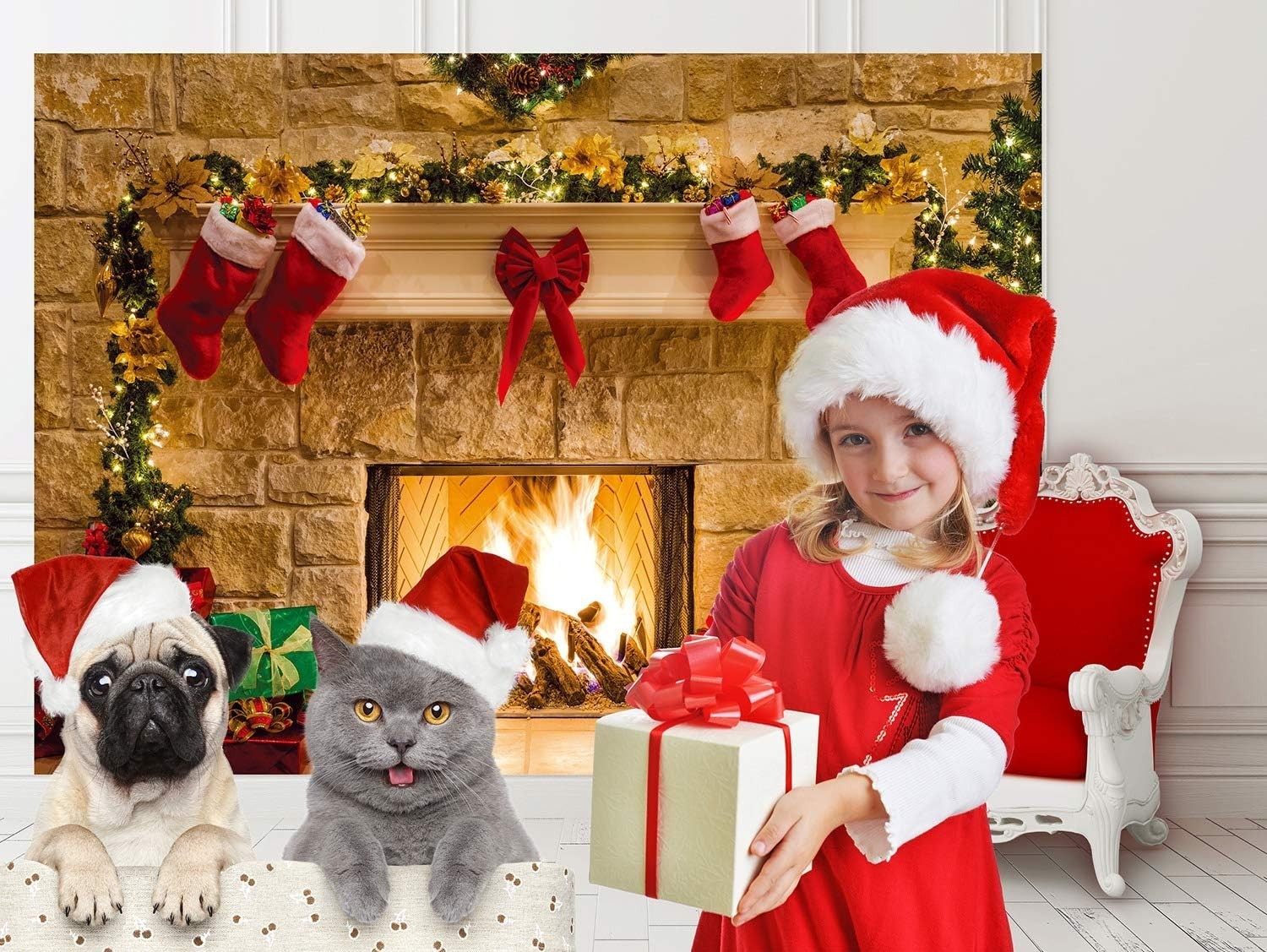 7x5ft Christmas Photo Backdrop Kids Holiday Fireplace Scene Photography