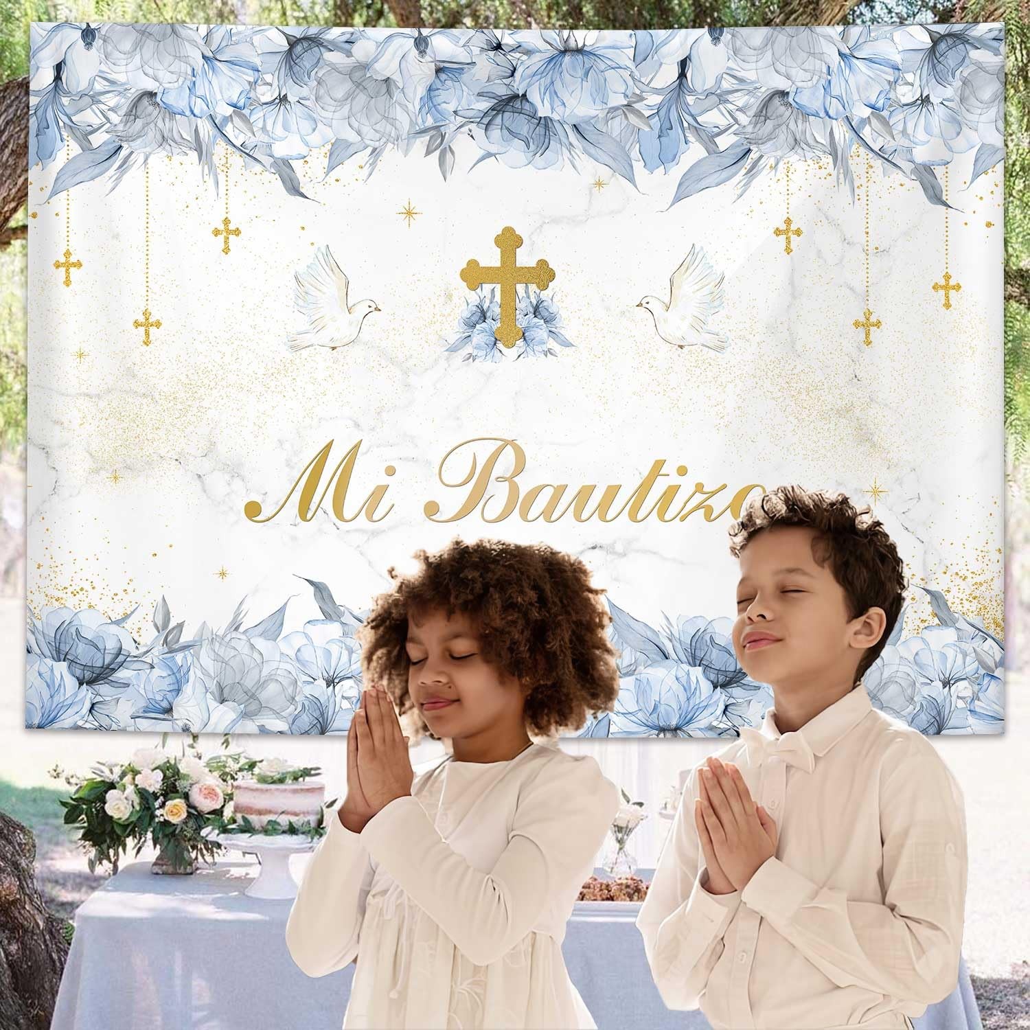 7x5ft Mi Bautizo Backdrop, Boy, Blue Floral, First Communion, God Bless