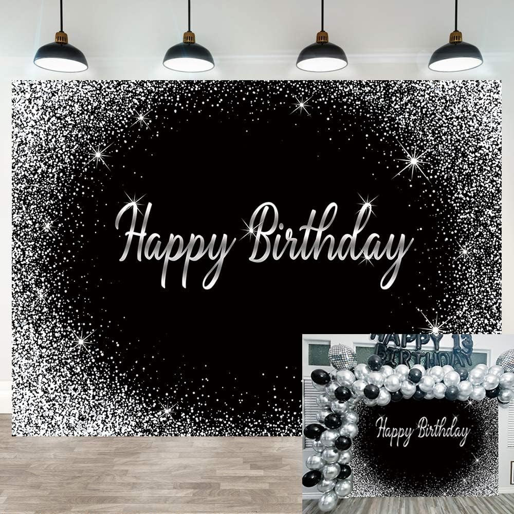 Black Happy Birthday Backdrop Glitter Silver Dot Photography Background