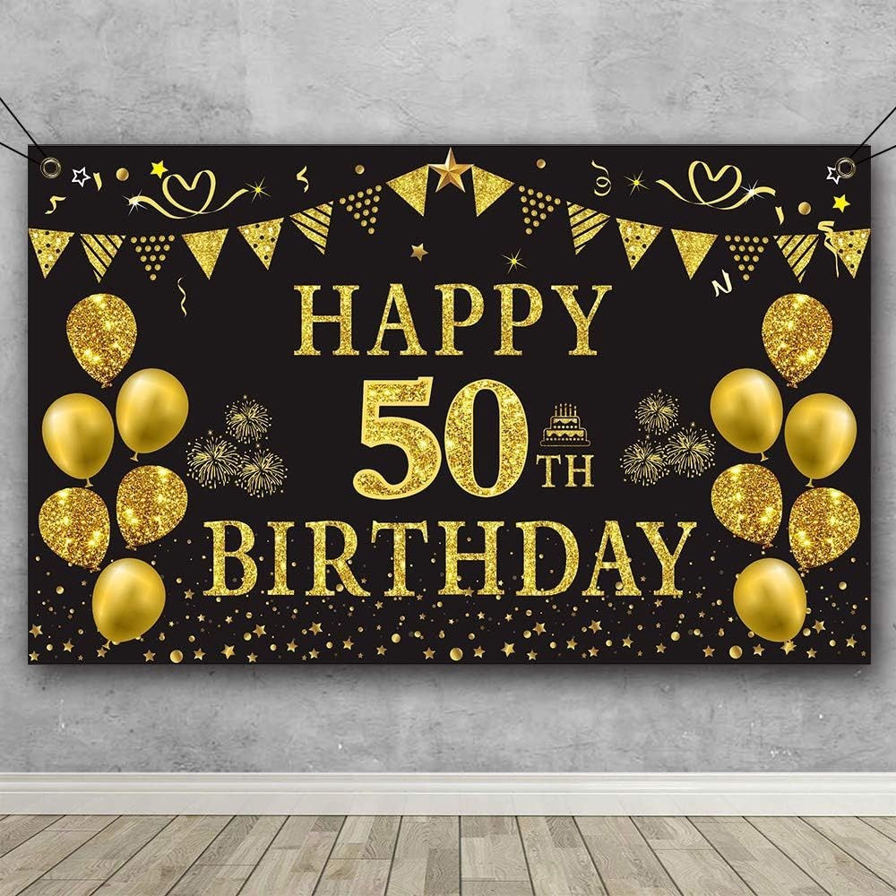 Elegant Gold & Black 50th Birthday Banner – 5.9ft x 3.6ft Photography Backdrop