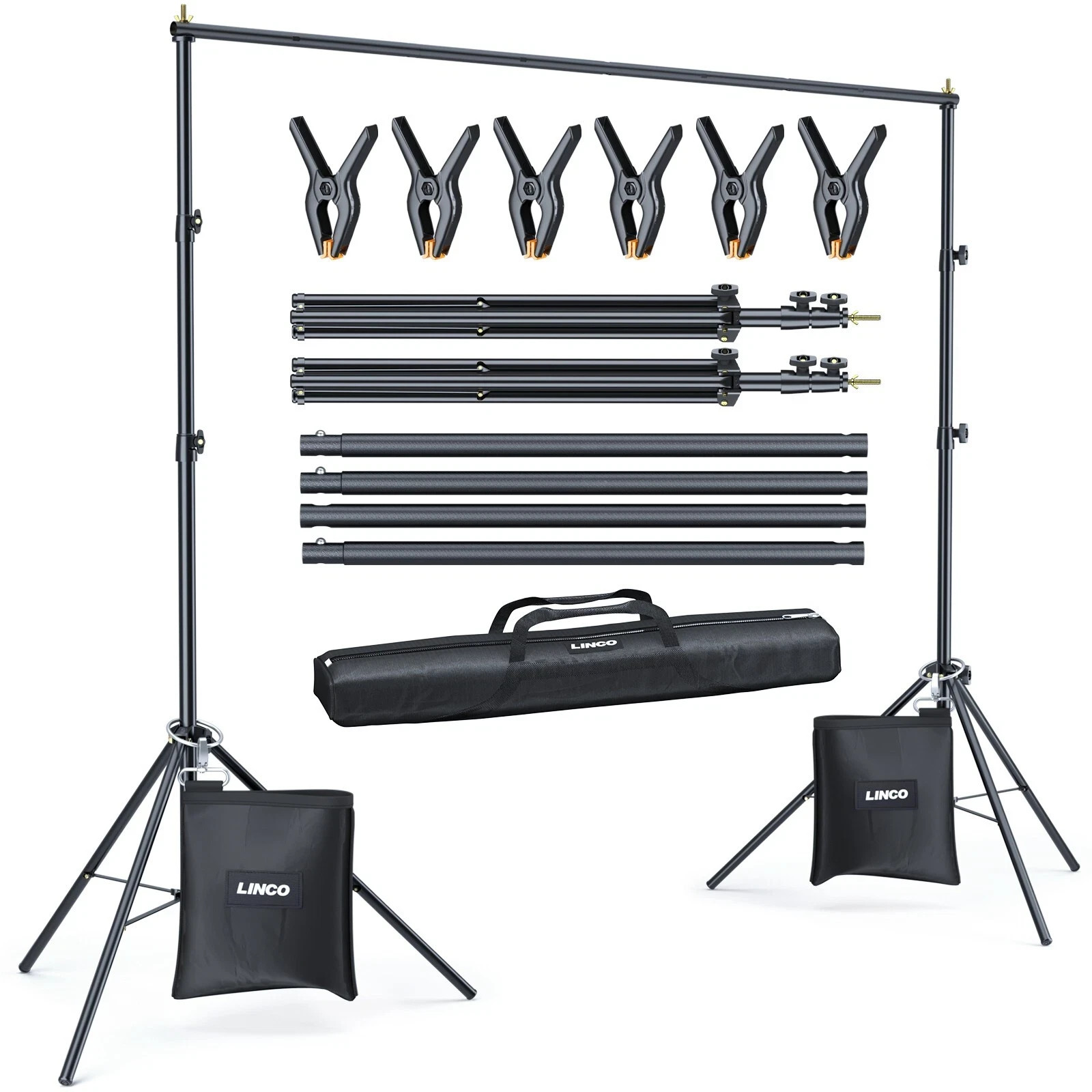 LINCO Adjustable Backdrop Stand Kit 10X7 Ft w/Clamps and Carrying Bag (Gray)