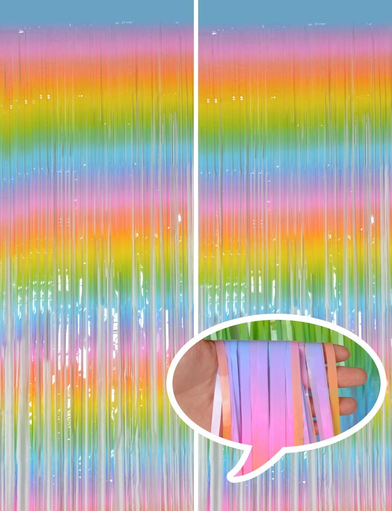2 PCS 3.2×8.2 Ft Macaron Rainbow Foil Fringe Curtains Easter Backdrop
