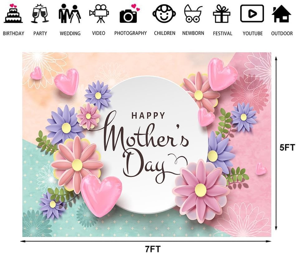 7x5ft Happy Mother’s Day Backdrops Thanks Mother Party Photoshoot Backdrops Mom’