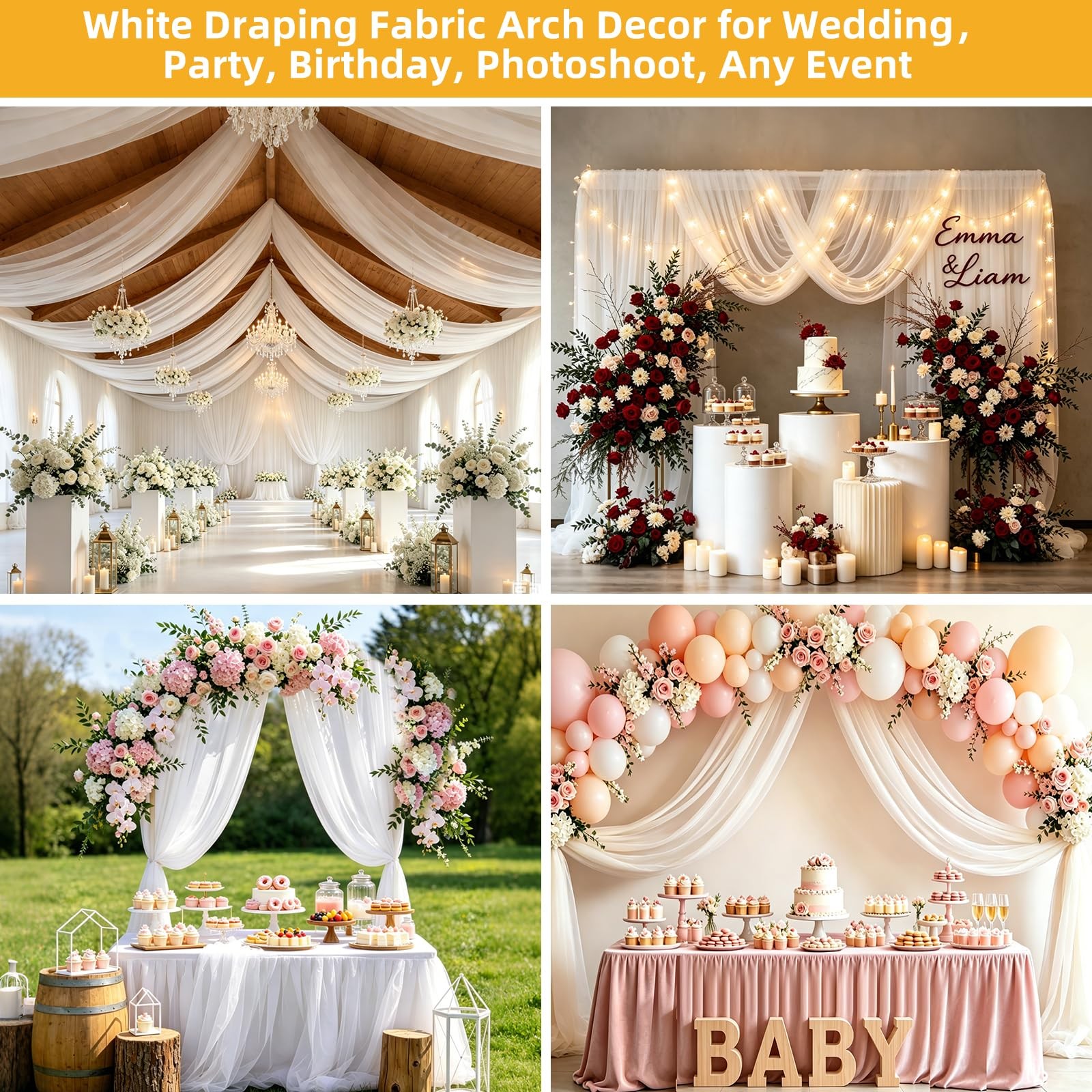 White Wedding Arch Draping Fabric Backdrop 29.5″ X 20FT Sheer 1 Panel,