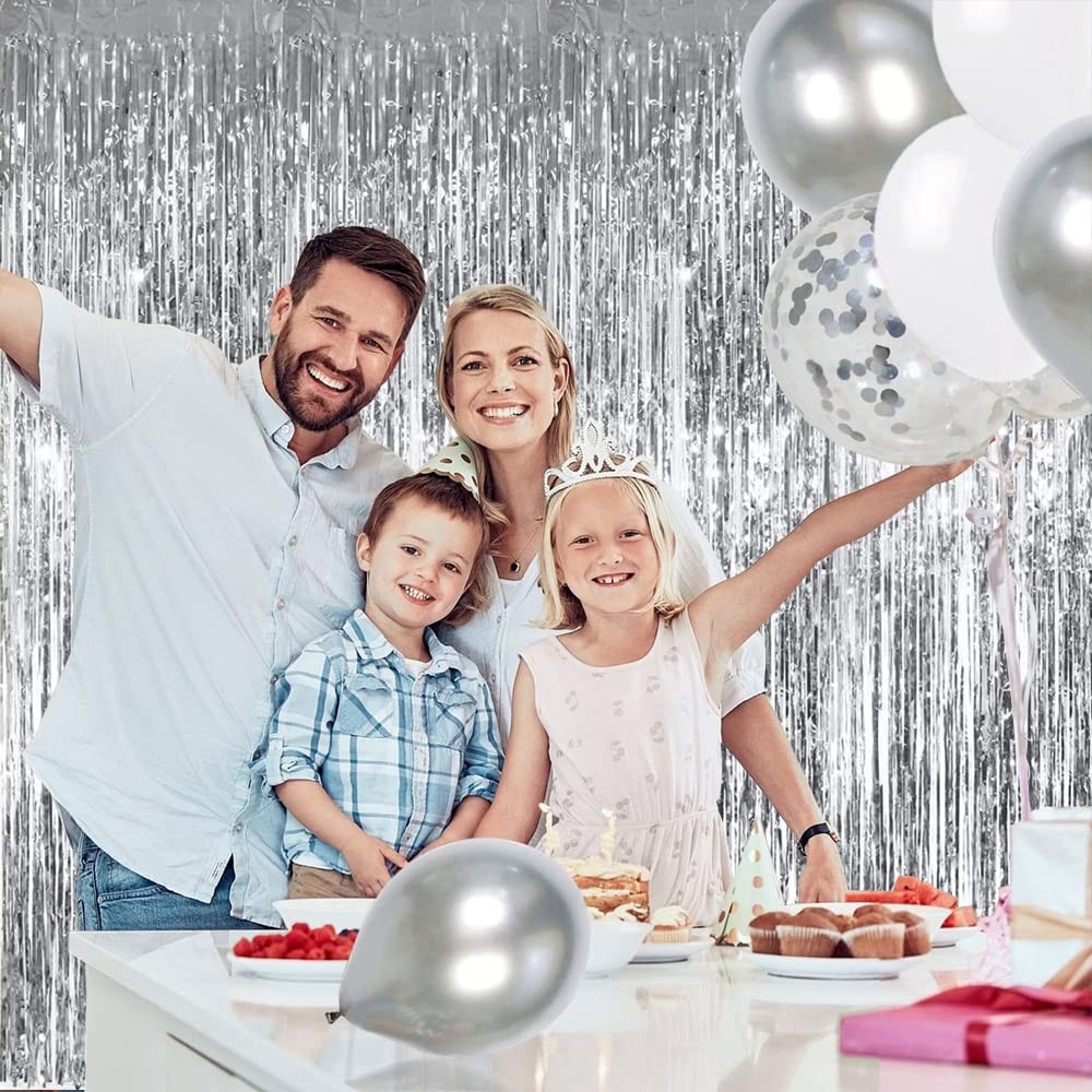 3 PCS Silver Metallic Tinsel Foil Fringe Curtains Photo Booth Backdrop 6.56Ft