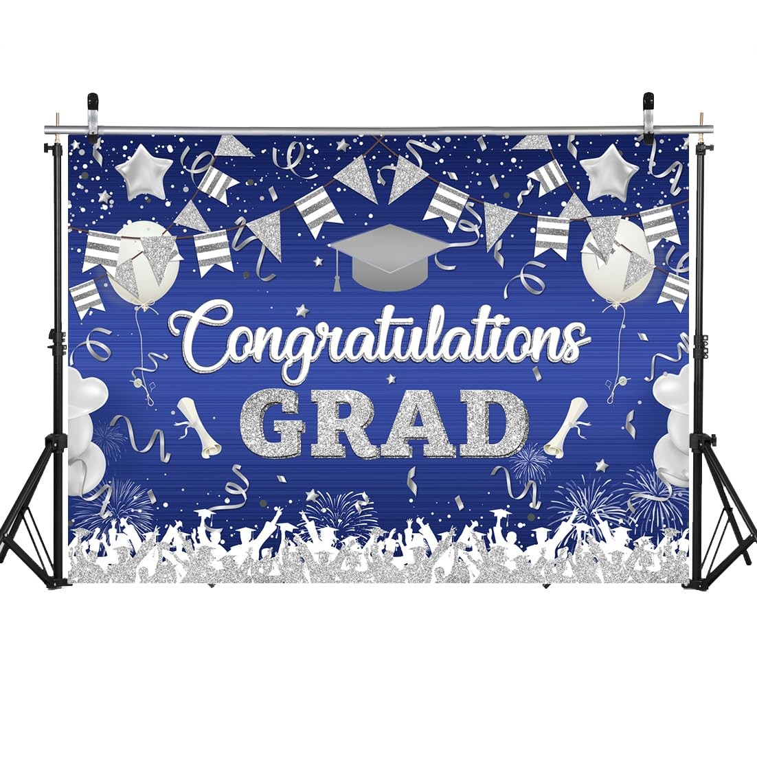 10x8ft Blue and Silver 2025 Graduation Backdrop Congratulations Grad Photogra…