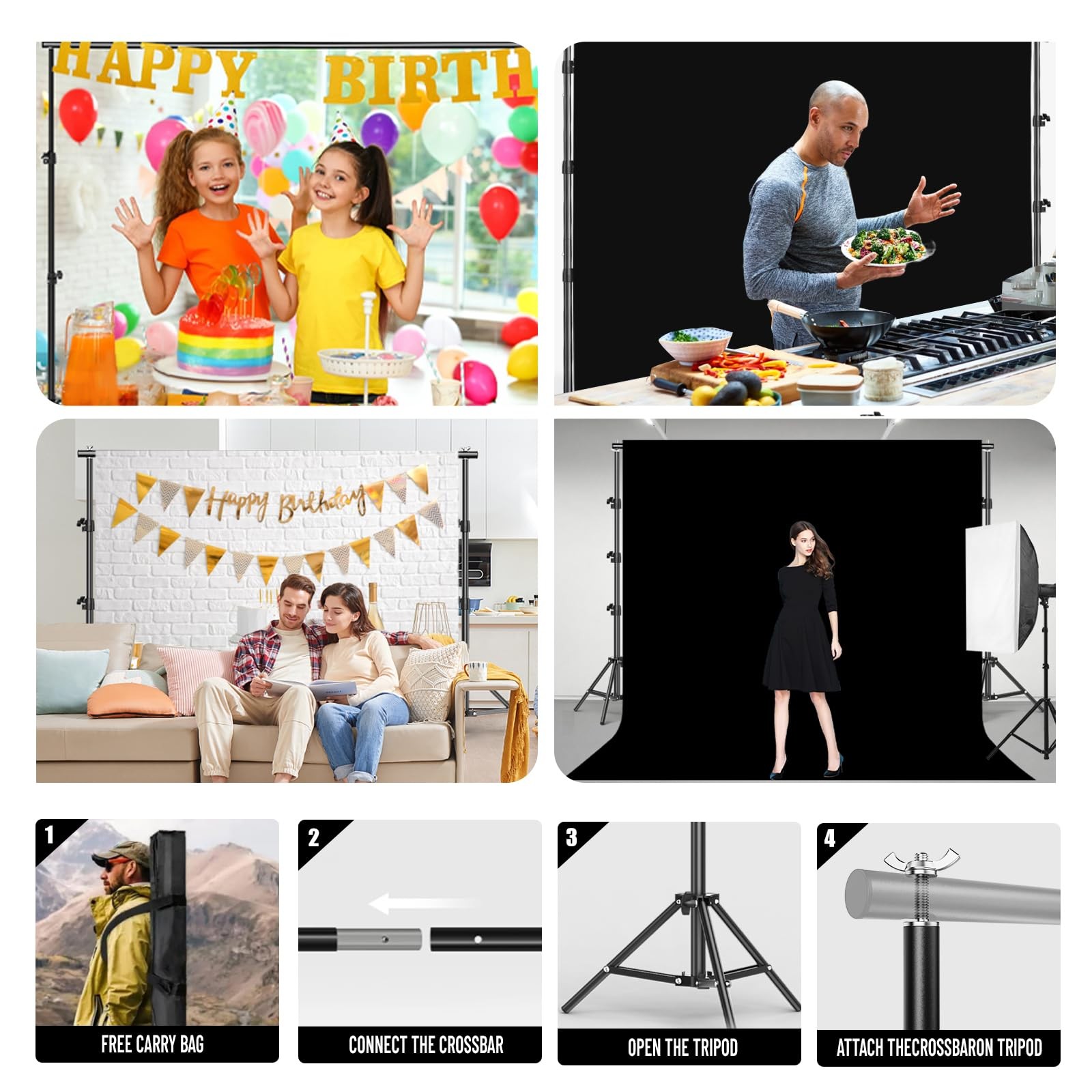 8.5X10 FT Photo Background Stand with 10X12 FT Black Backdrop Screen, Adjusta…