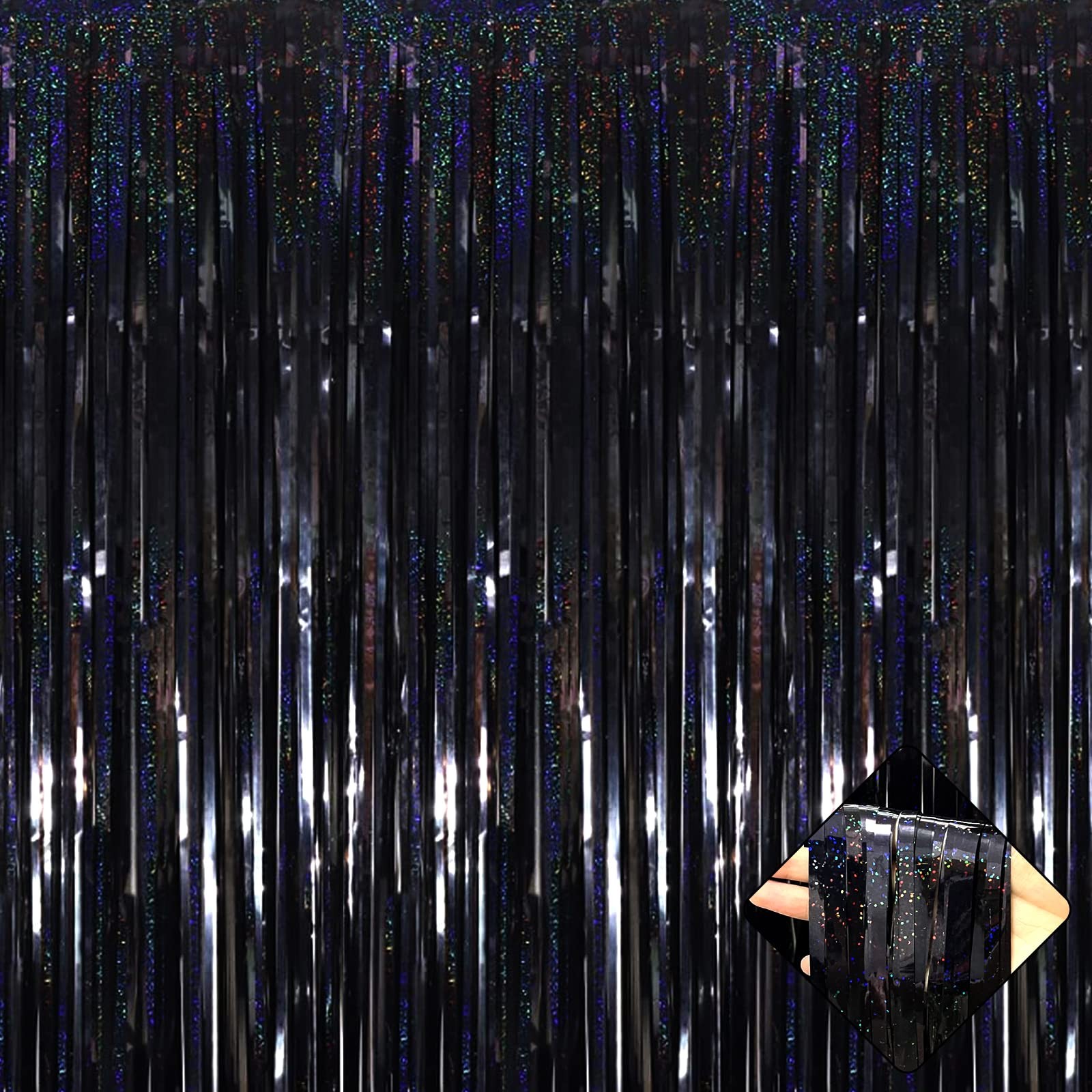 4 PCS Black Foil Fringe Curtain Backdrop 3.2×8.2 Ft Metallic Streamer Decor