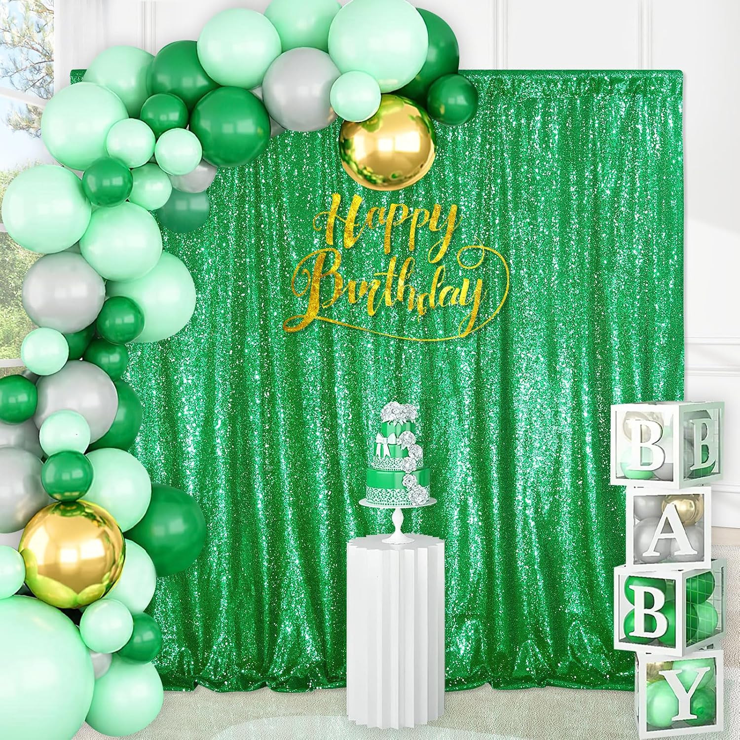 7ft x 7ft Green Sequin Backdrop Curtain Party Backdrop Curtain for Sparkly Birth