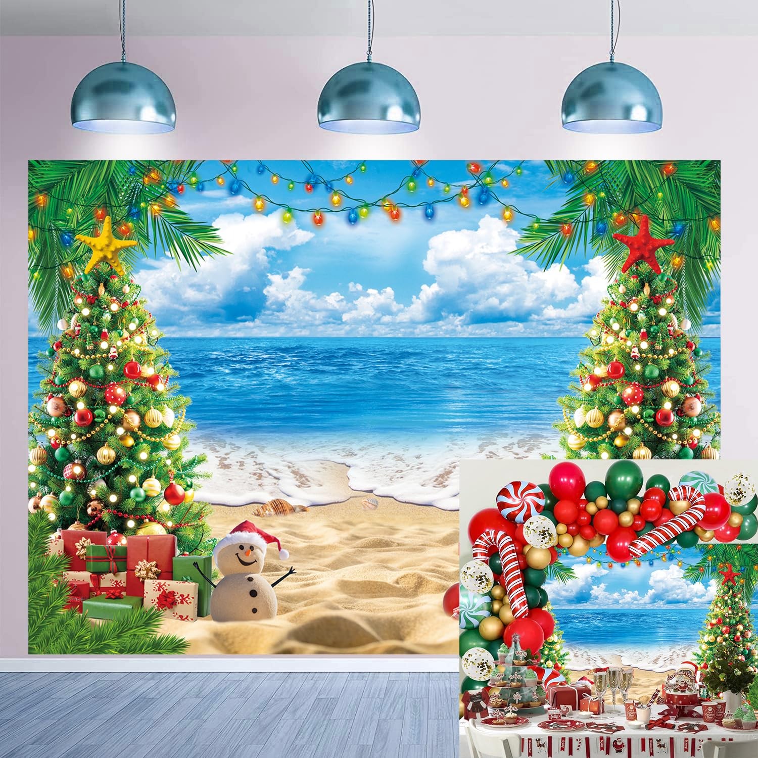 July Christmas Summer Beach Tropical Hawaiian Photo Backdrop 8x6ft Mat Set