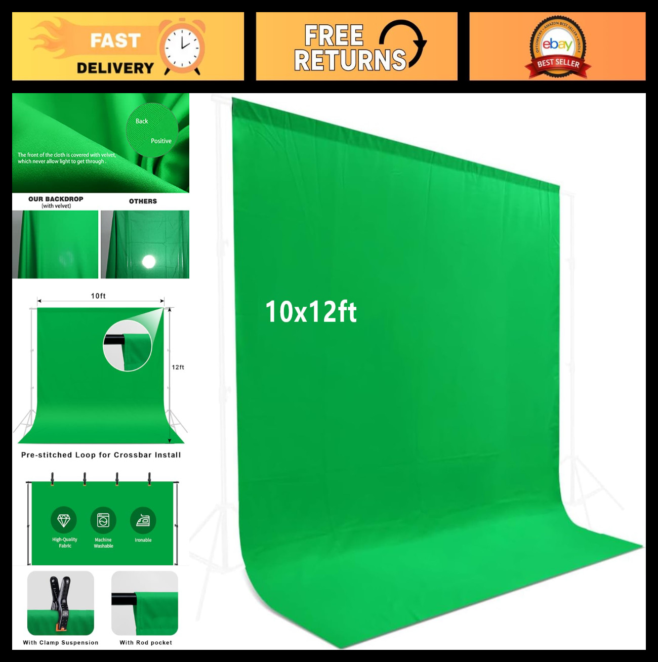 10x12ft Green Screen Backdrop for Photography & Streaming, Collapsible Chromakey