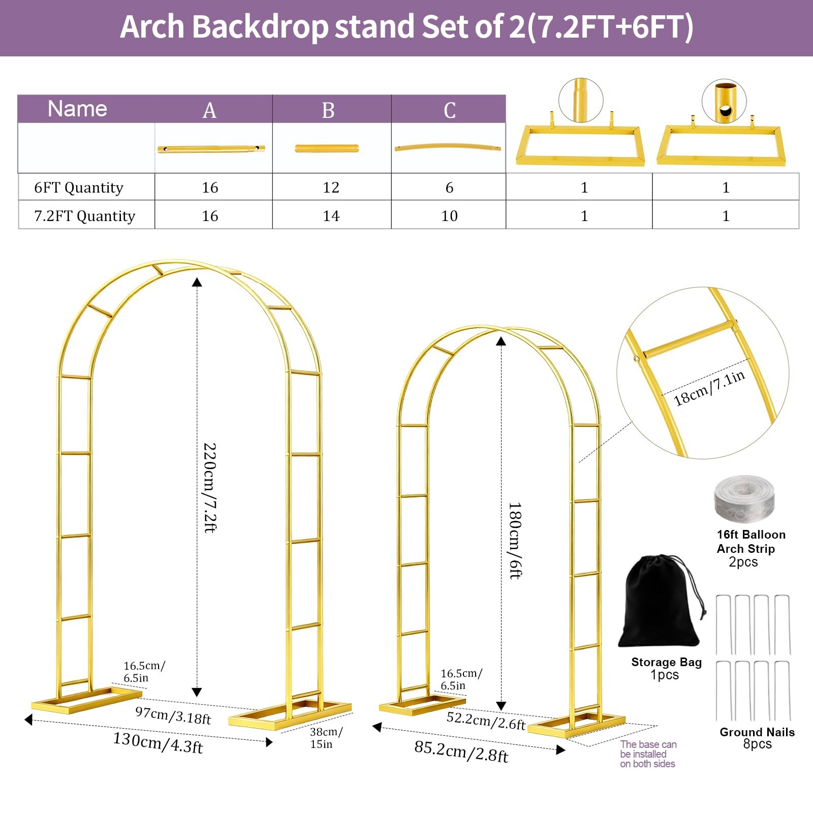 Metal Garden Arch Trellis Arbor Set of 2, 7.2FT+6FT Wedding Arch Stand with S…