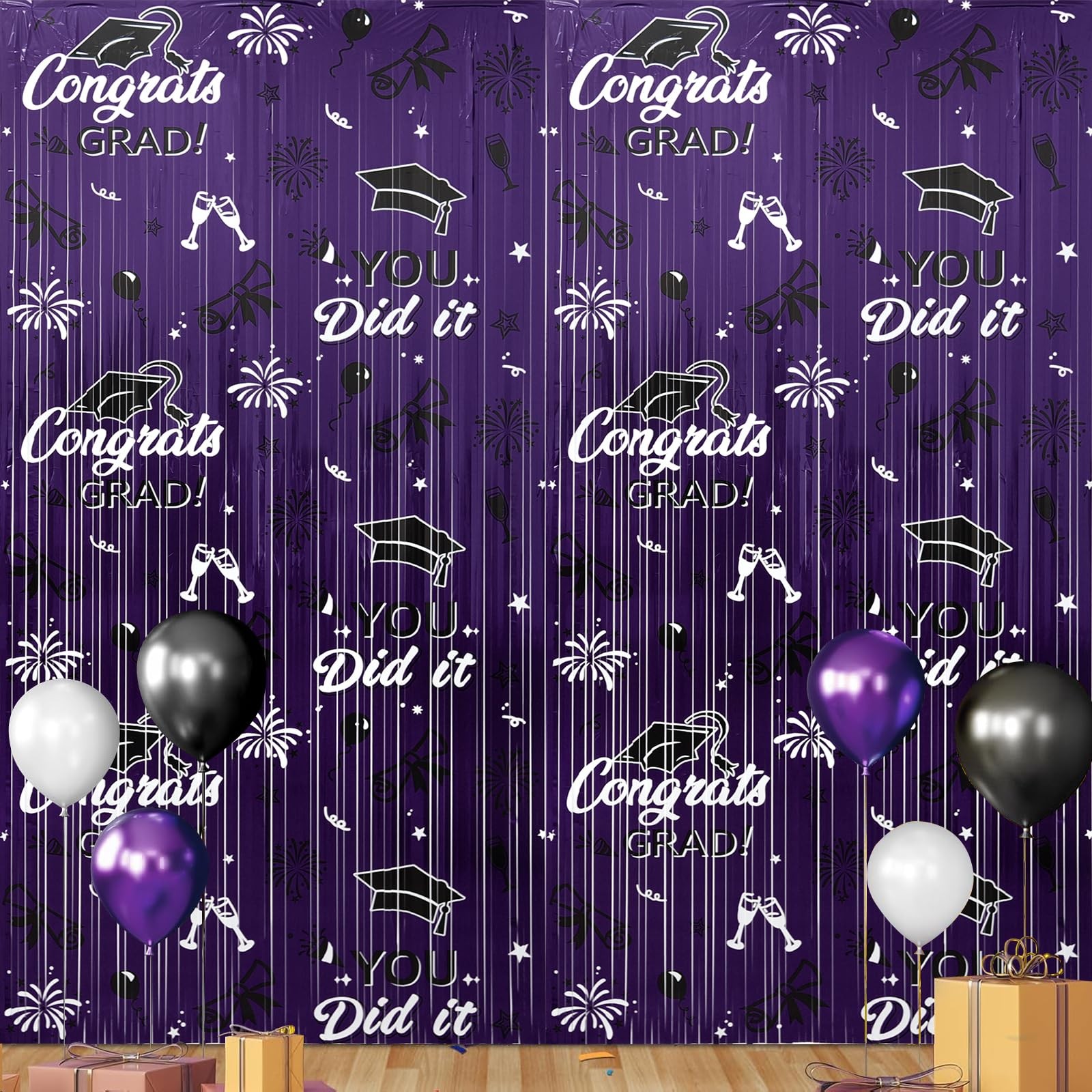 2025 Graduation Foil Fringe Curtains, 2 Pack 3.2×6.5 ft Black Graduation Purple