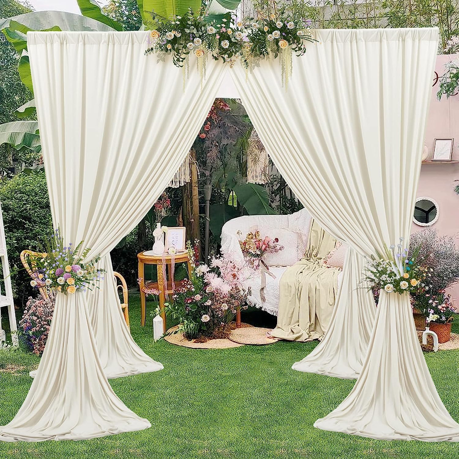 10ft x 10ft Wrinkle Free Ivory Backdrop Curtains for Parties, Polyester Photo…