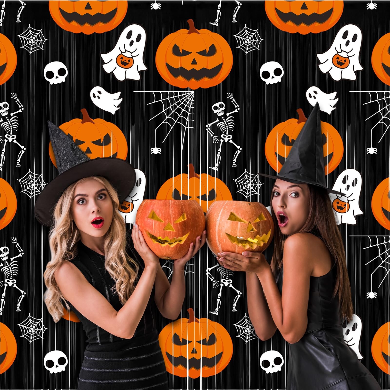 2 Pack Halloween Foil Fringe Curtains Black Orange Tinsel Photo Backdrop