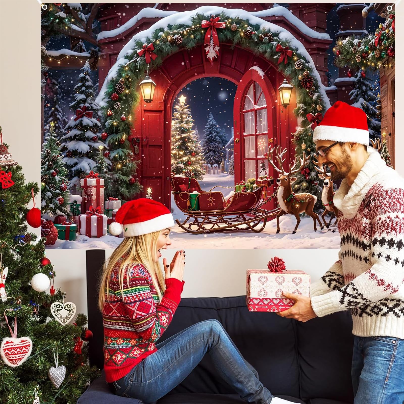 Christmas Backdrop 10x8ft Winter Forest North Pole Xmas Tree Reindeer Snowfla…