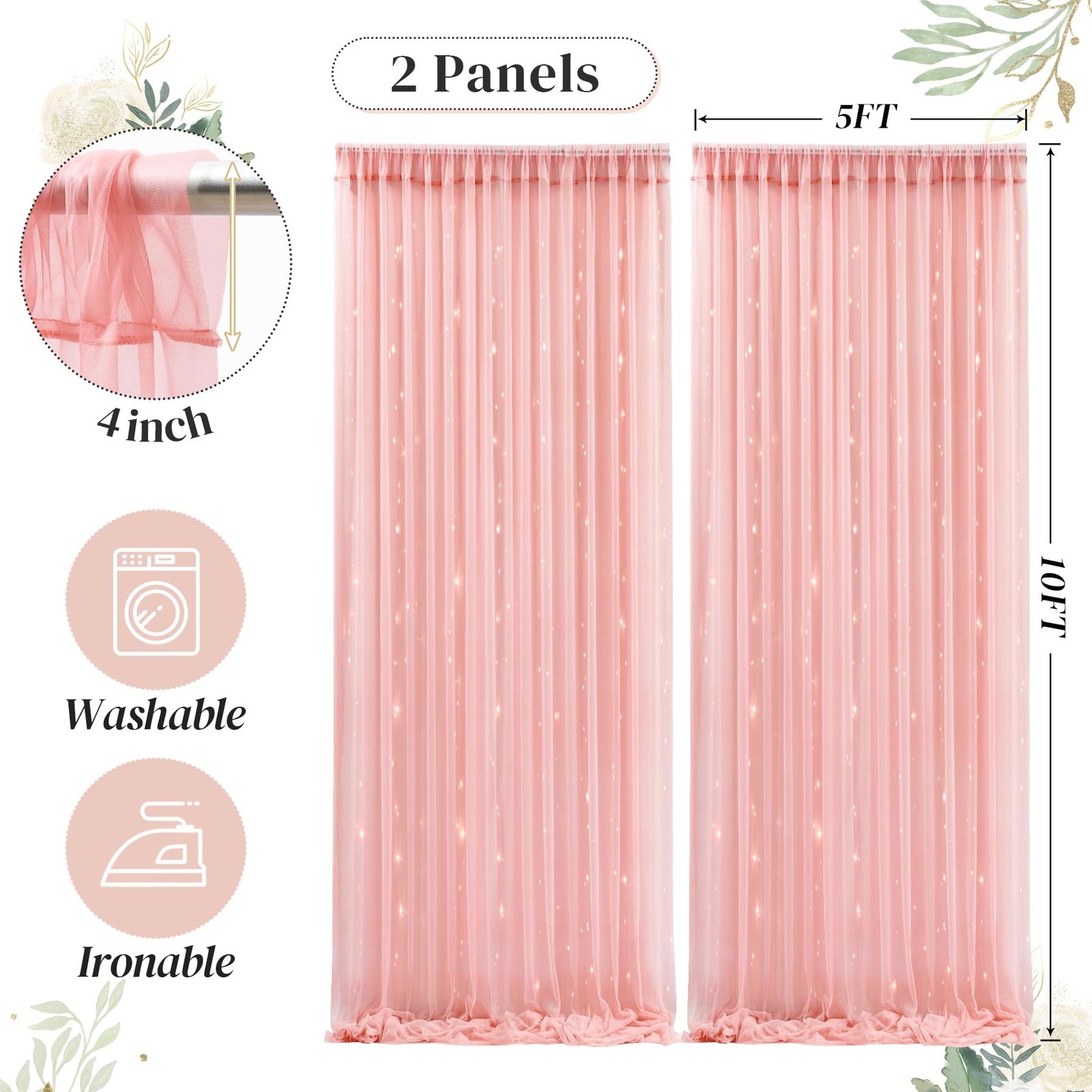 10ft x 10ft Dusty Rose Backdrop Curtain with Lights String for Parties, Sheer…