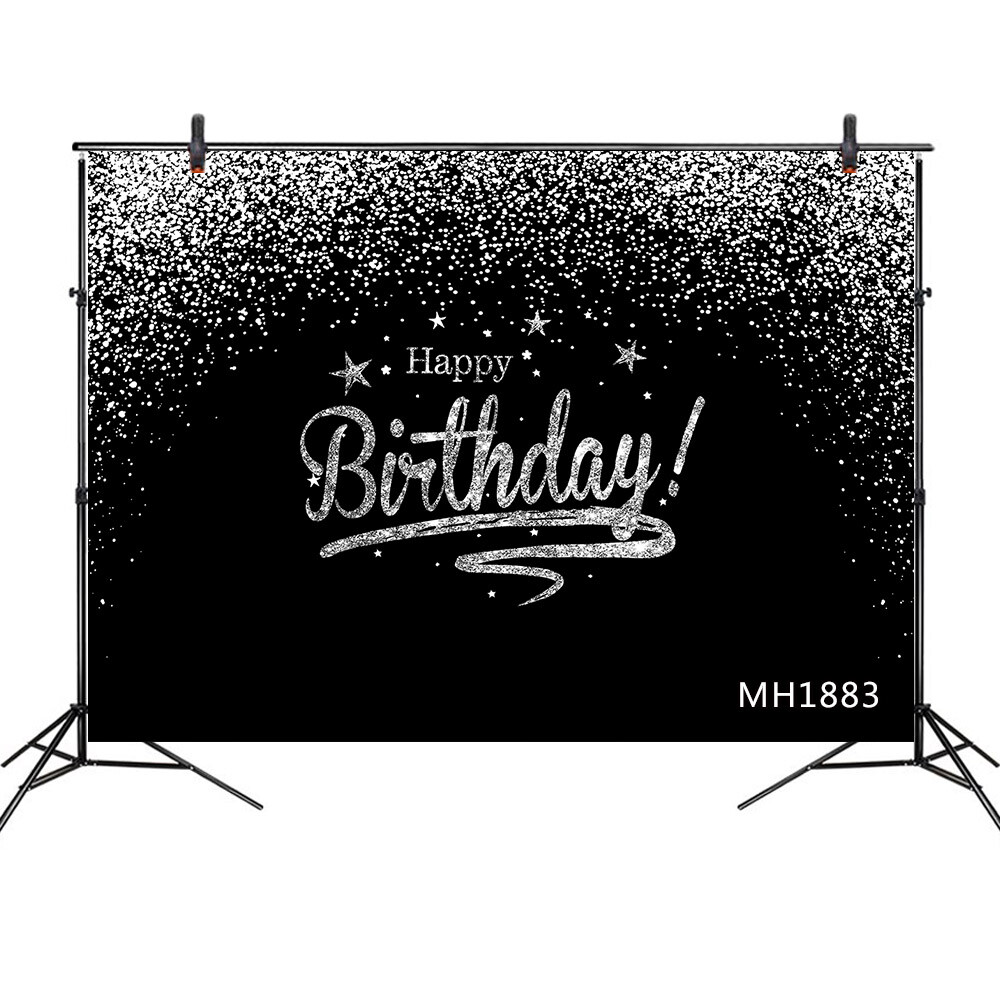 Happy Birthday Silver Stars Black & White 7x5ft Vinyl Backdrop Photo Background