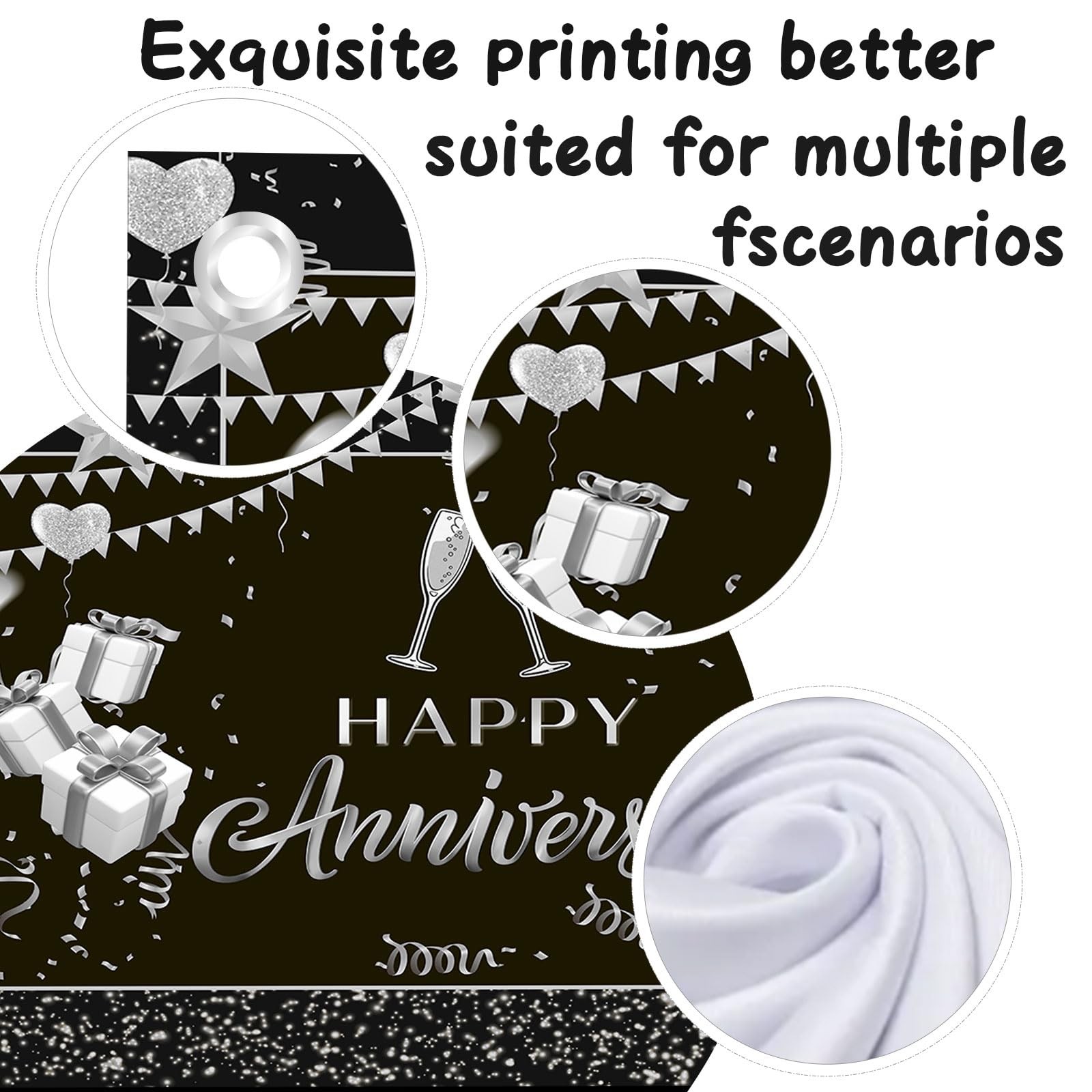 Happy Anniversary Backdrop Wedding Banner Poster Black, Silver