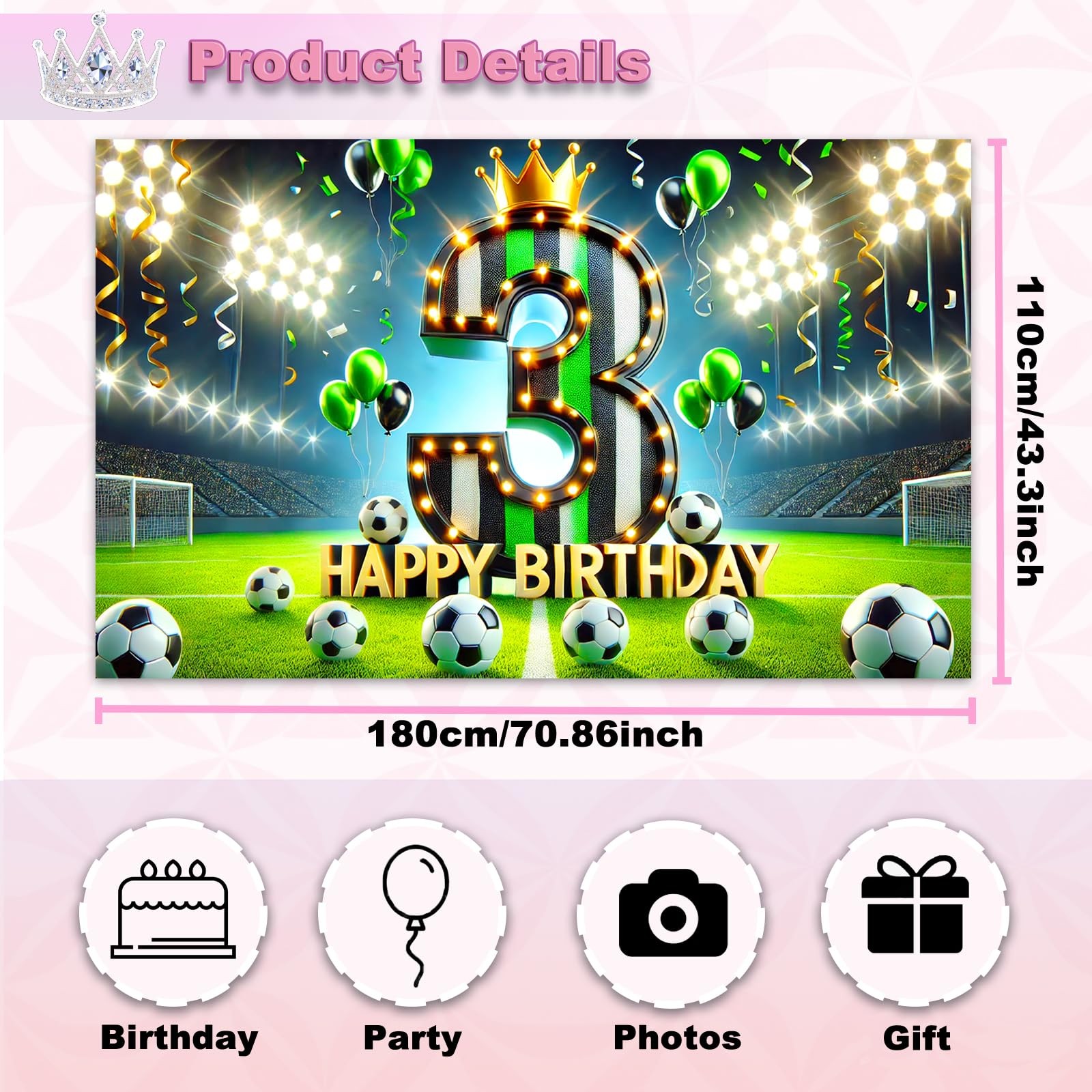 Soccer 3rd Birthday Backdrop Banner 71×43 Inch Black Green White Crown Stadiu…