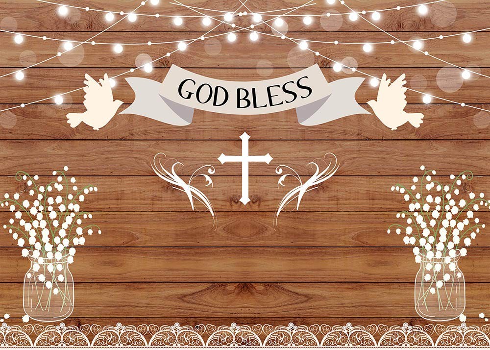 God Bless Baptism Backdrop Rustic Wooden Board Wall Sparkle 5×3 feets, White