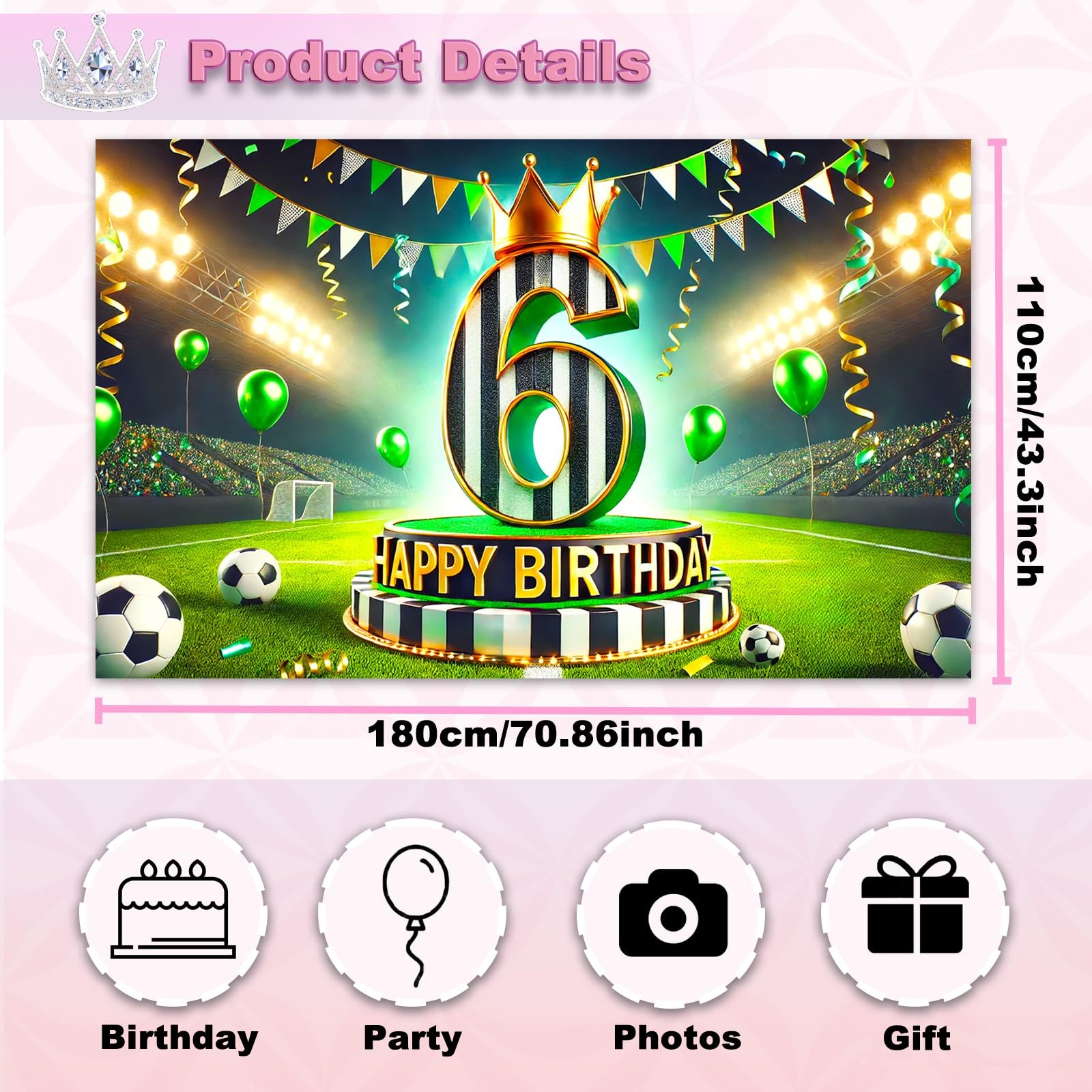 Soccer 6th Birthday Backdrop Banner 71×43 Inch Black White Green Crown Footba…