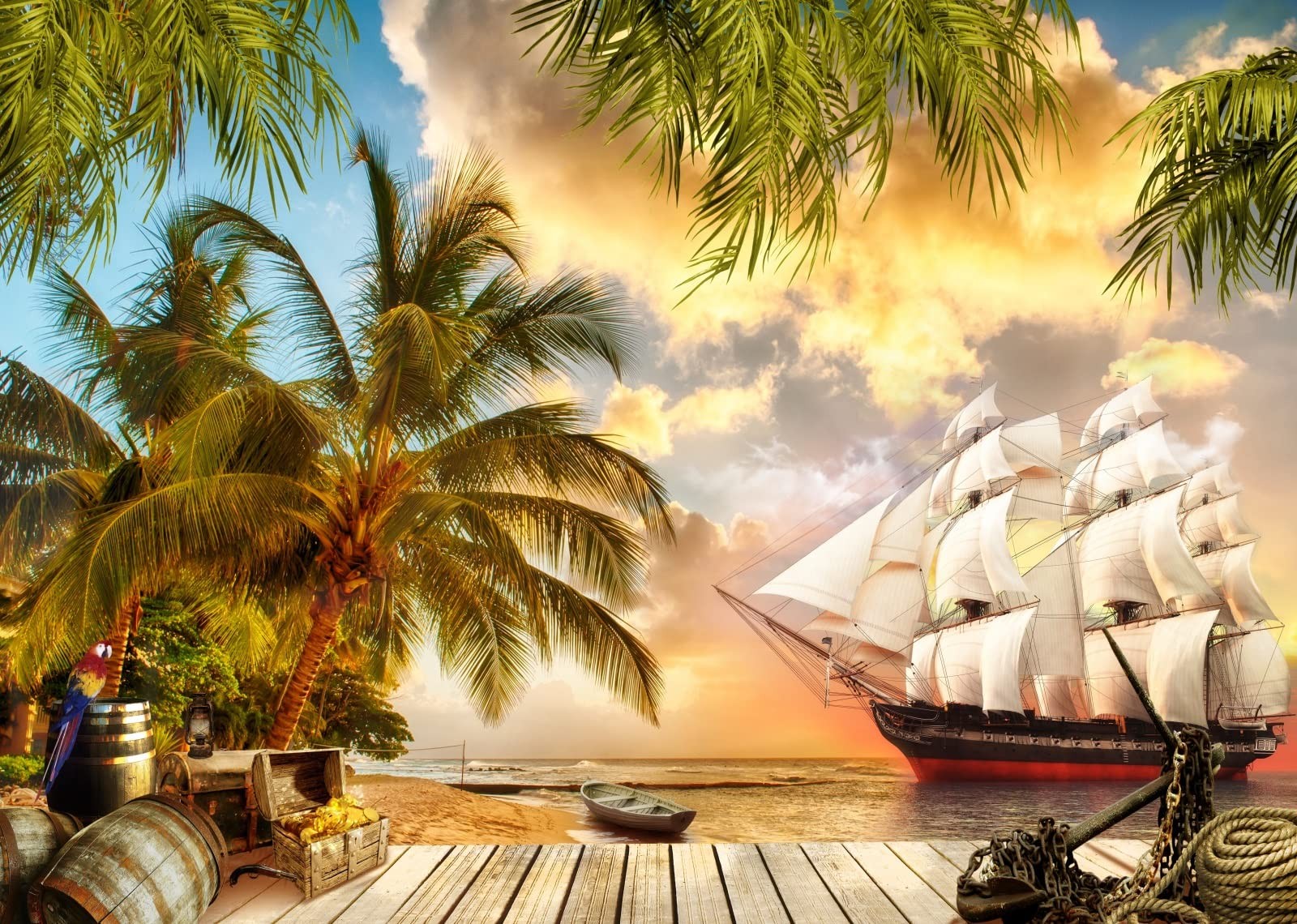 Beach Island Pirate Ship Backdrop Fabric 5x3ft Summer Ocean Background Decor