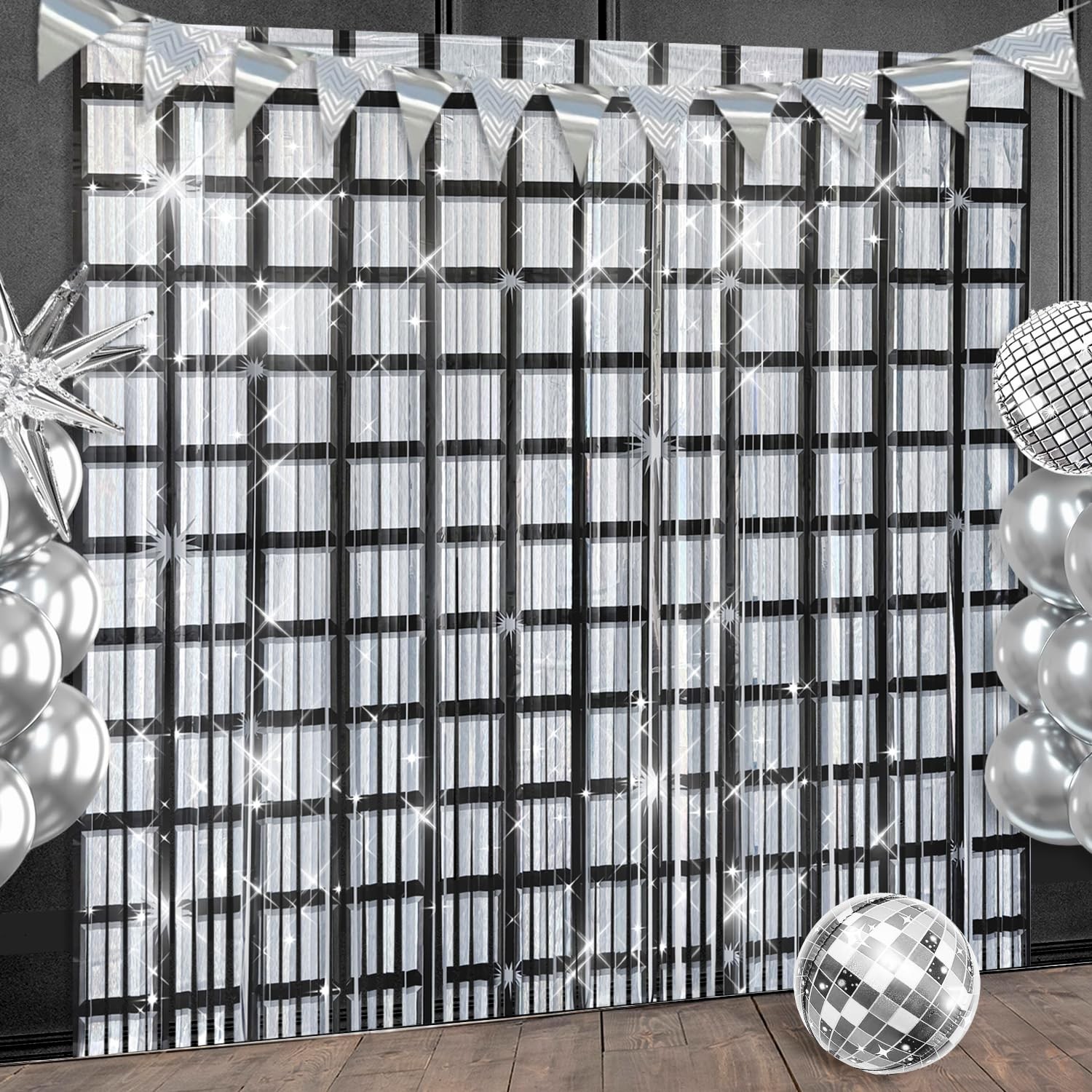 Disco Party Backdrop Decorations 4 Pack Black Silver Foil Fringe Curtains