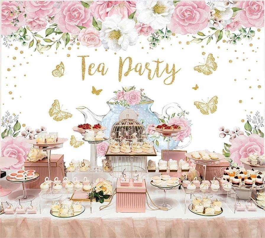 Pink Rose Floral Gold Butterfly Tea Party Backdrop 8x6FT – Spring Princess Wonde