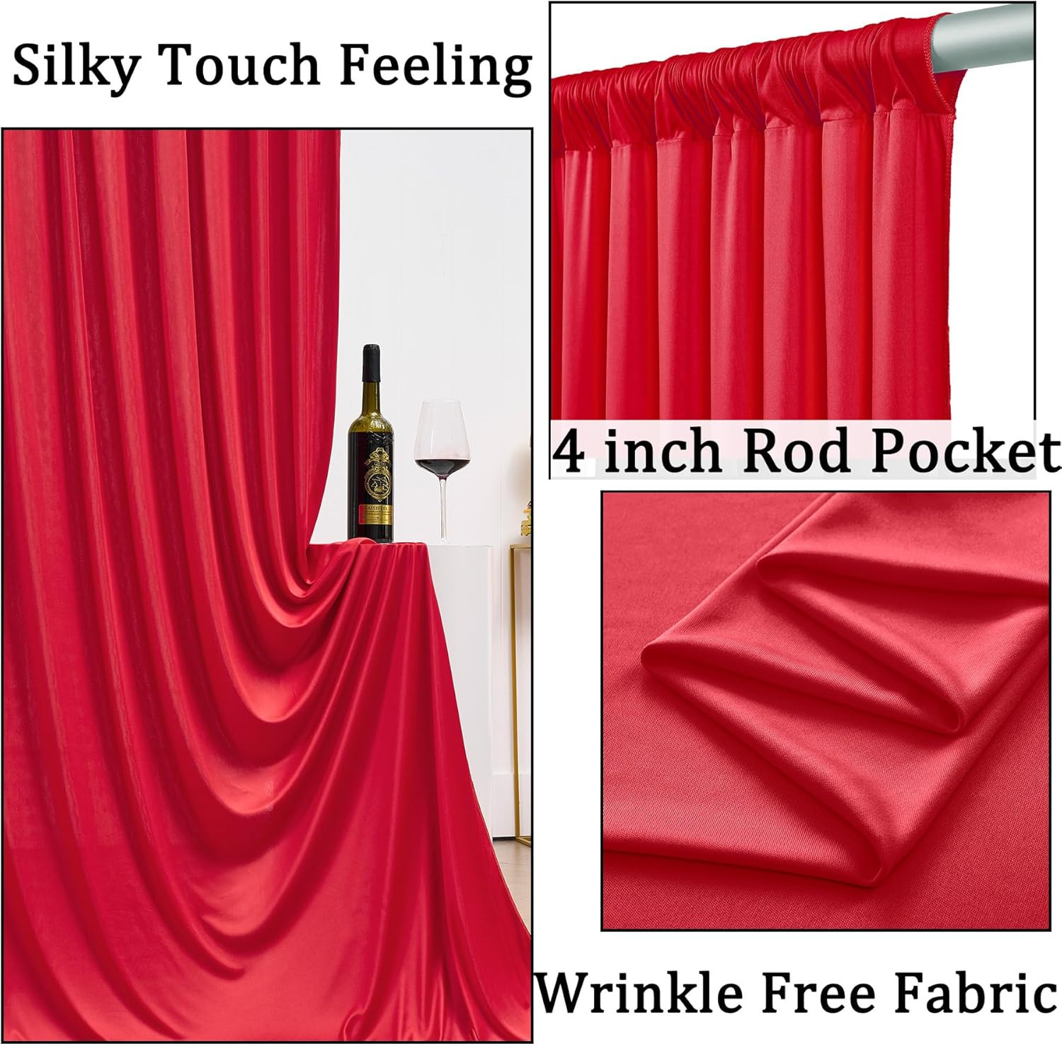40Ft X 10Ft Wrinkle Free Red Backdrop Curtains for Parties, 8 Panels 5X10Ft Silk
