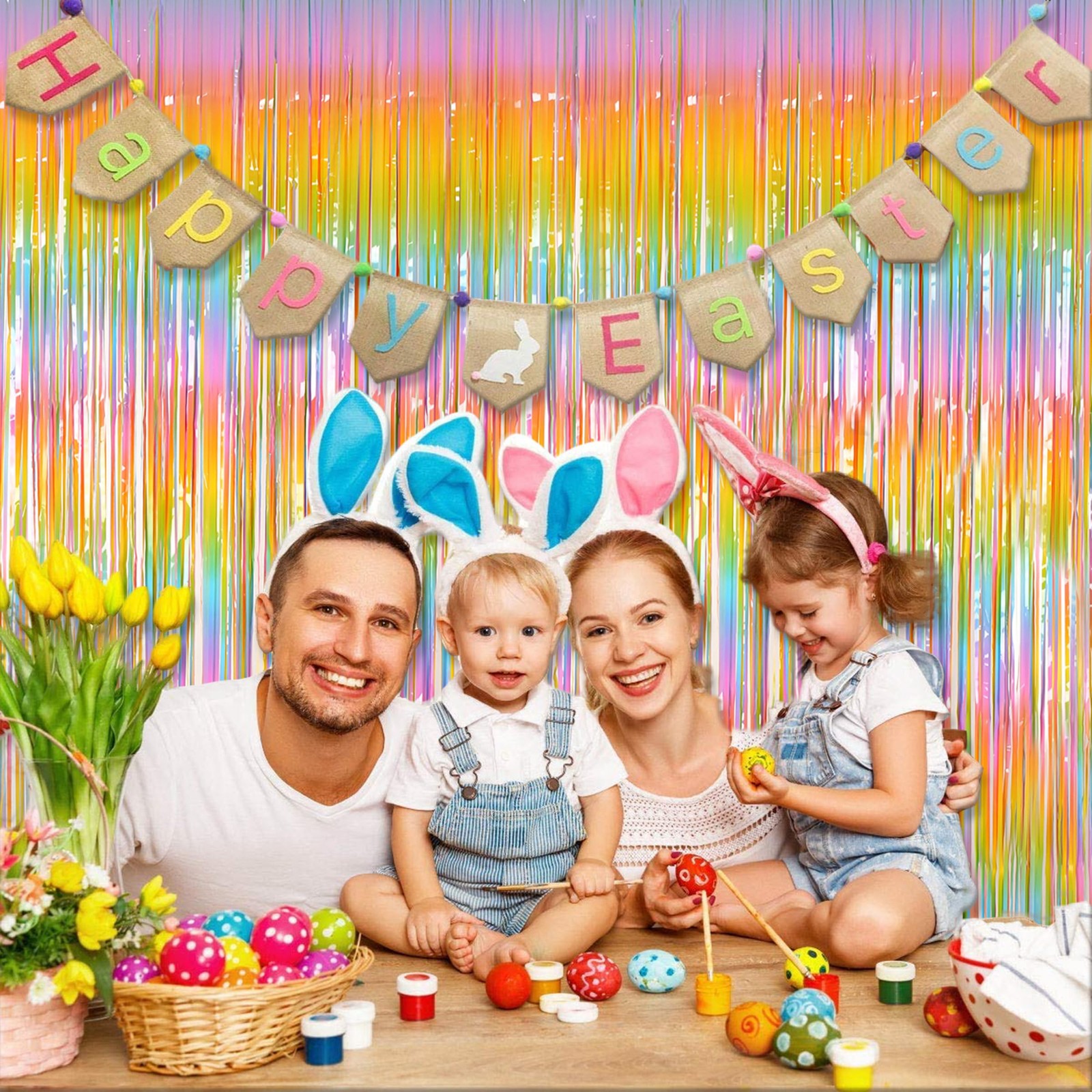 2 PCS 3.2×8.2 Ft Macaron Rainbow Foil Fringe Curtains Easter Backdrop