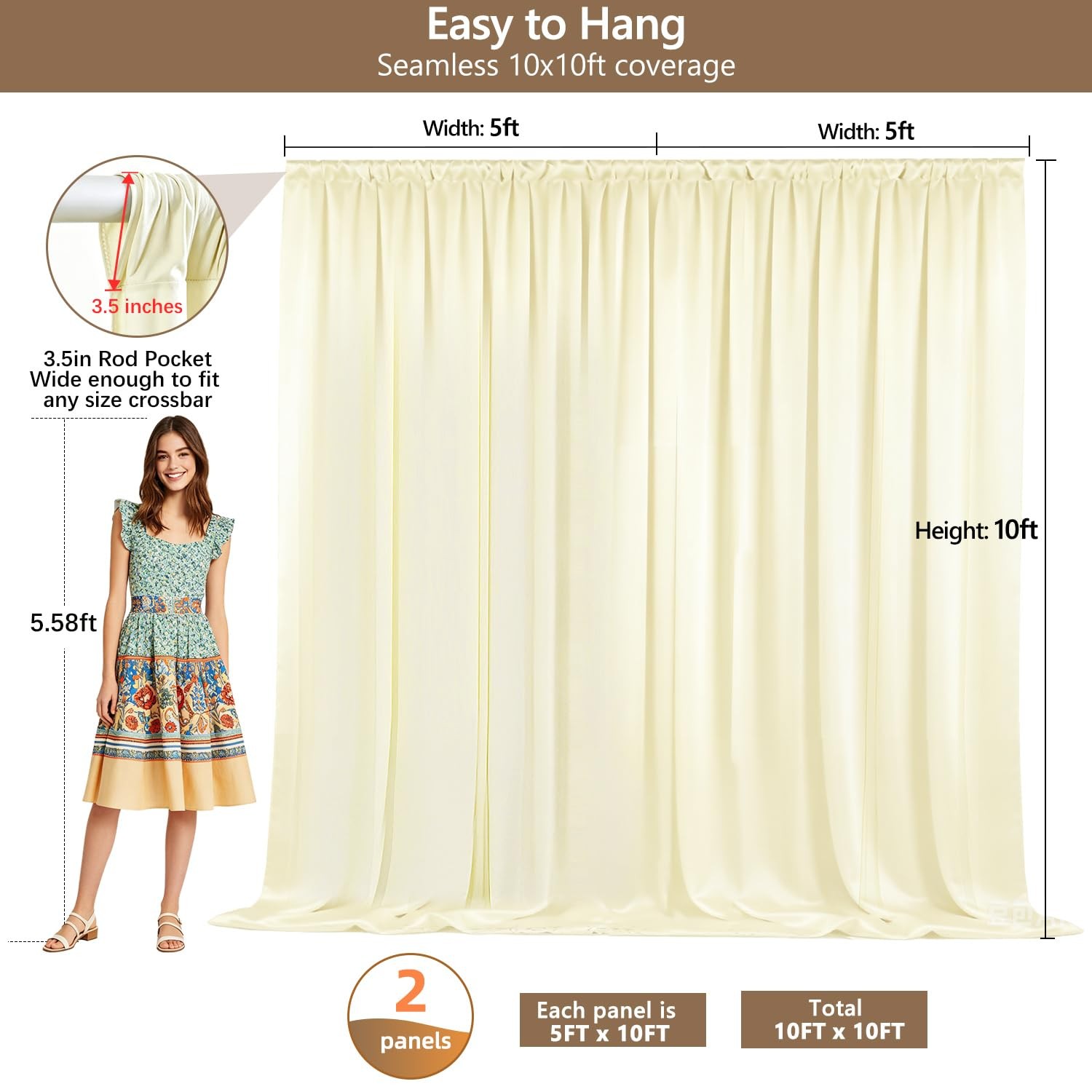 2 PCS 5x10ft Ivory Backdrop Curtains Wrinkle Free Photo Drapes Beige Cloth